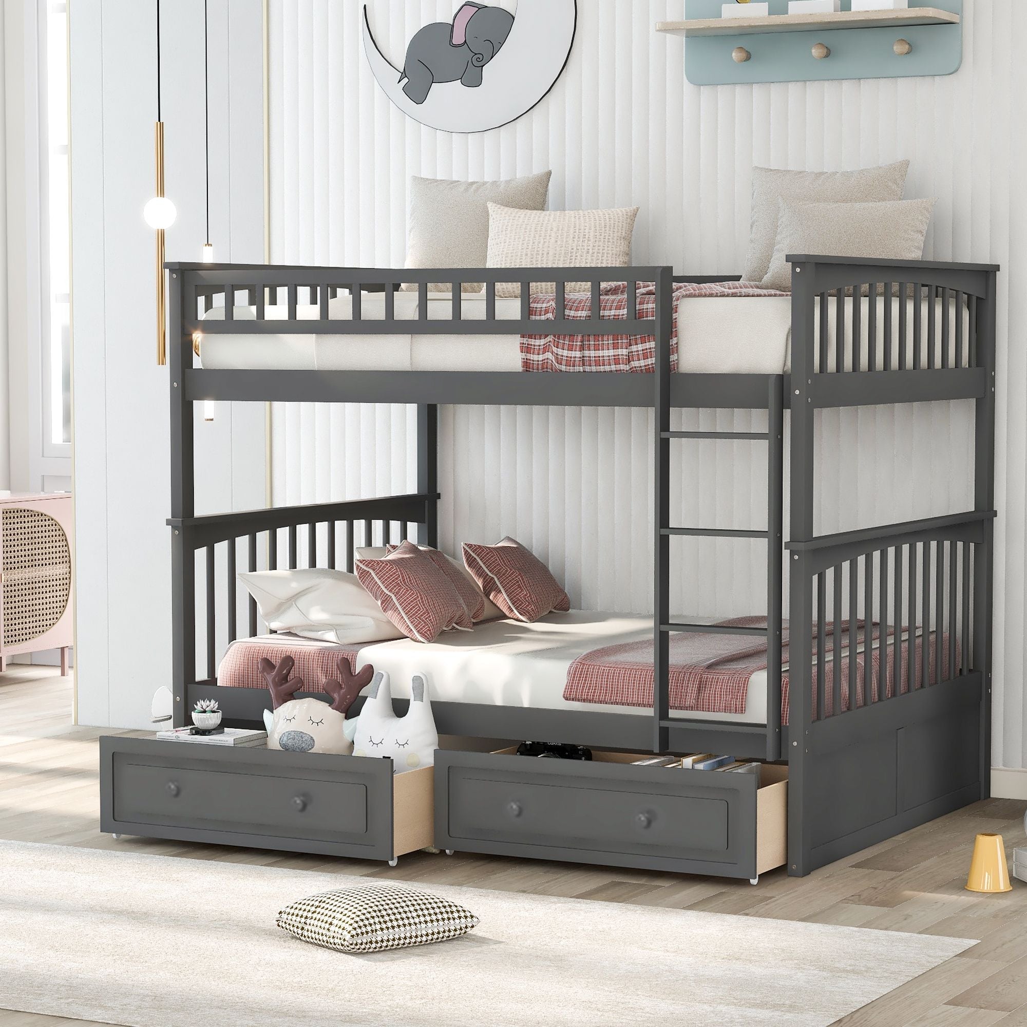 Versatile Full Over Full Wood Bunk Bed with Storage Drawers, Convertible Design, Gray | Just Better Bunk Beds