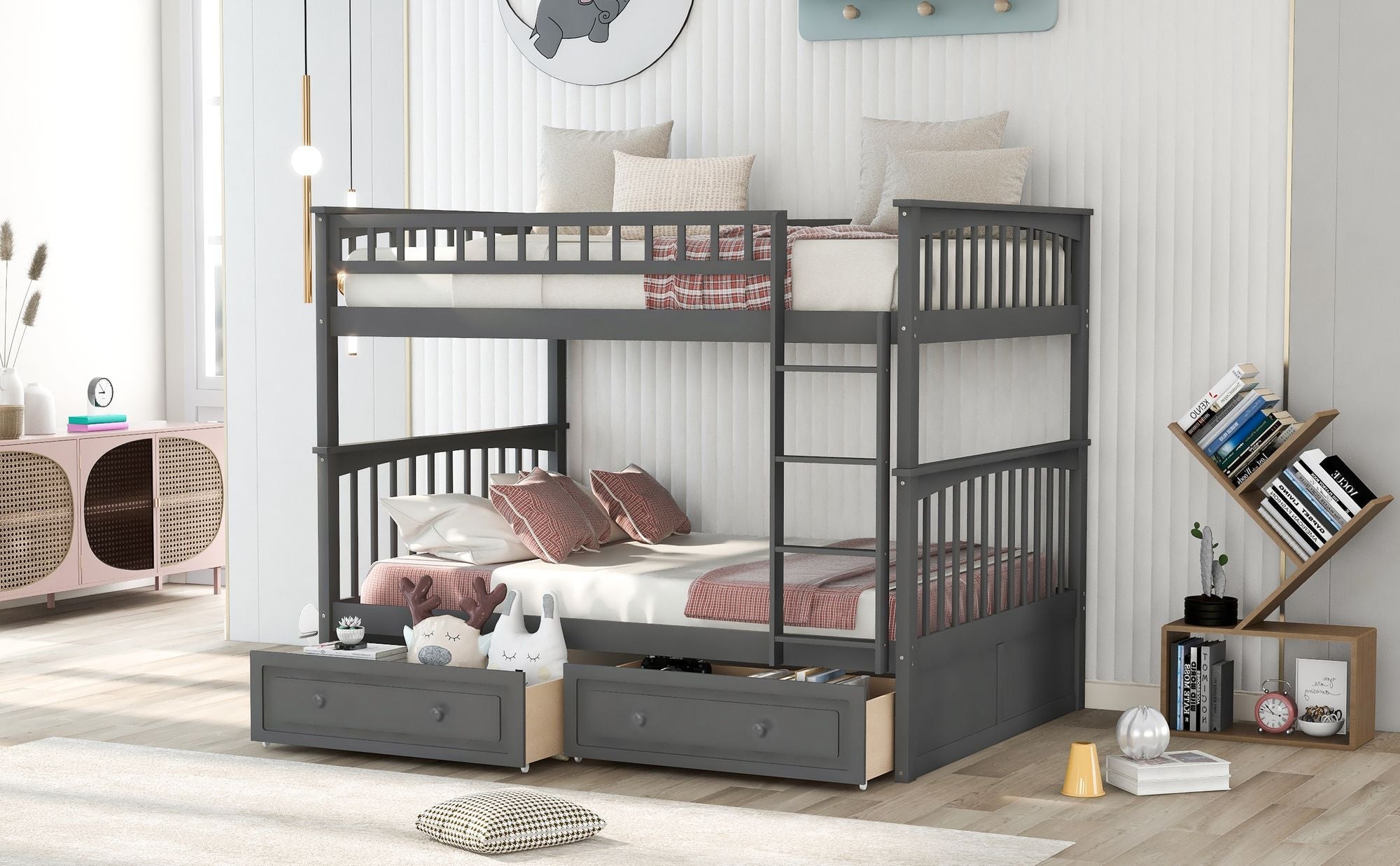 Versatile Full Over Full Wood Bunk Bed with Storage Drawers, Convertible Design, Gray | Just Better Bunk Beds
