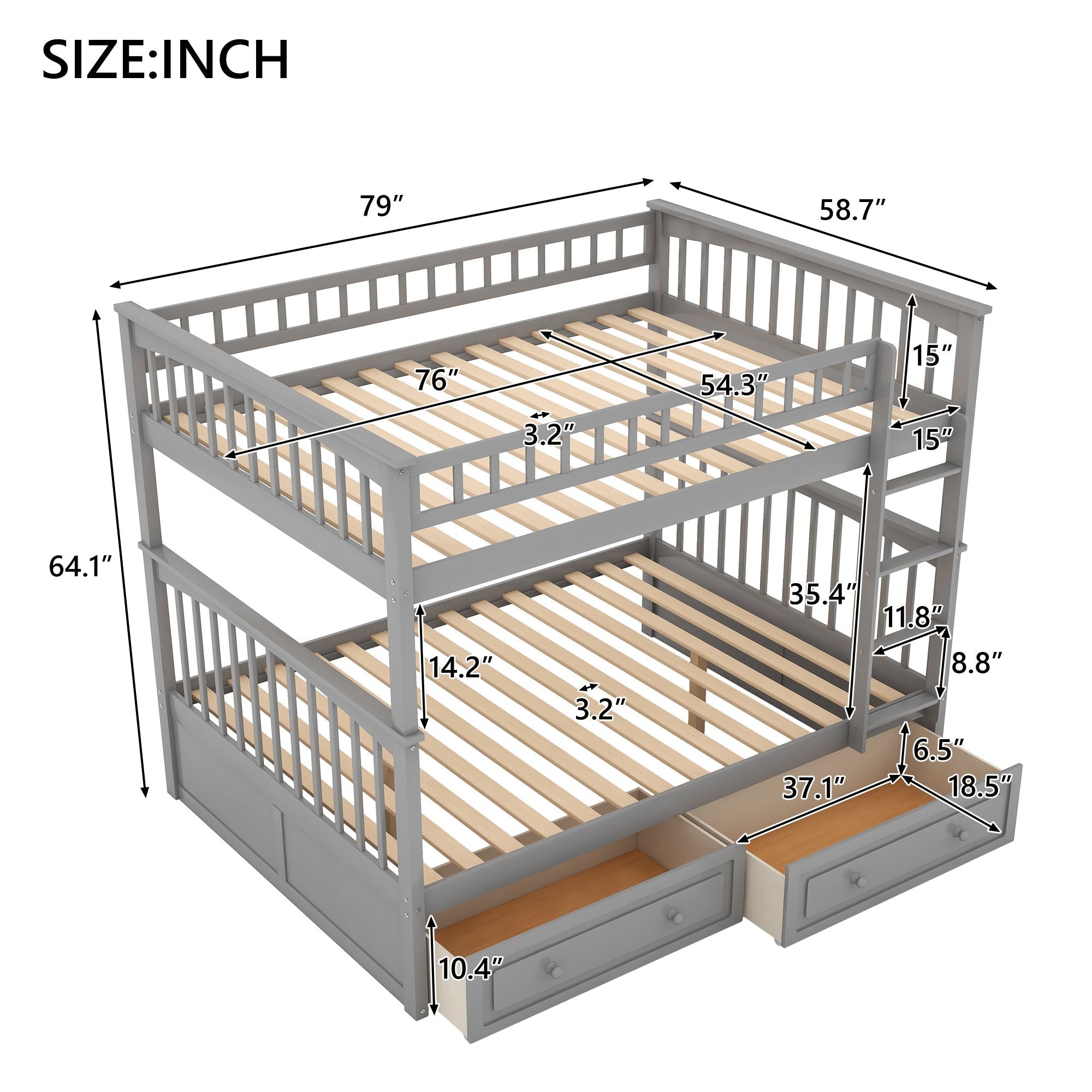 Versatile Full Over Full Wood Bunk Bed with Storage Drawers, Convertible Design, Gray | Just Better Bunk Beds