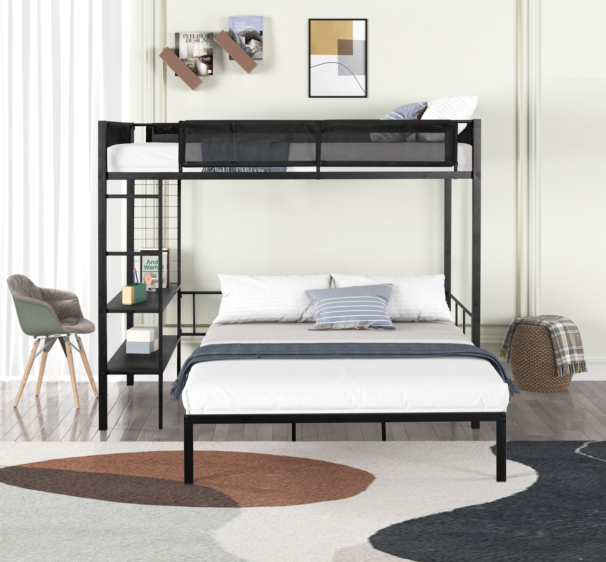 Versatile Twin over Full Metal and Wood Bunk Bed with Shelves, Noise-Free Slats, Black | Just Better Bunk Beds