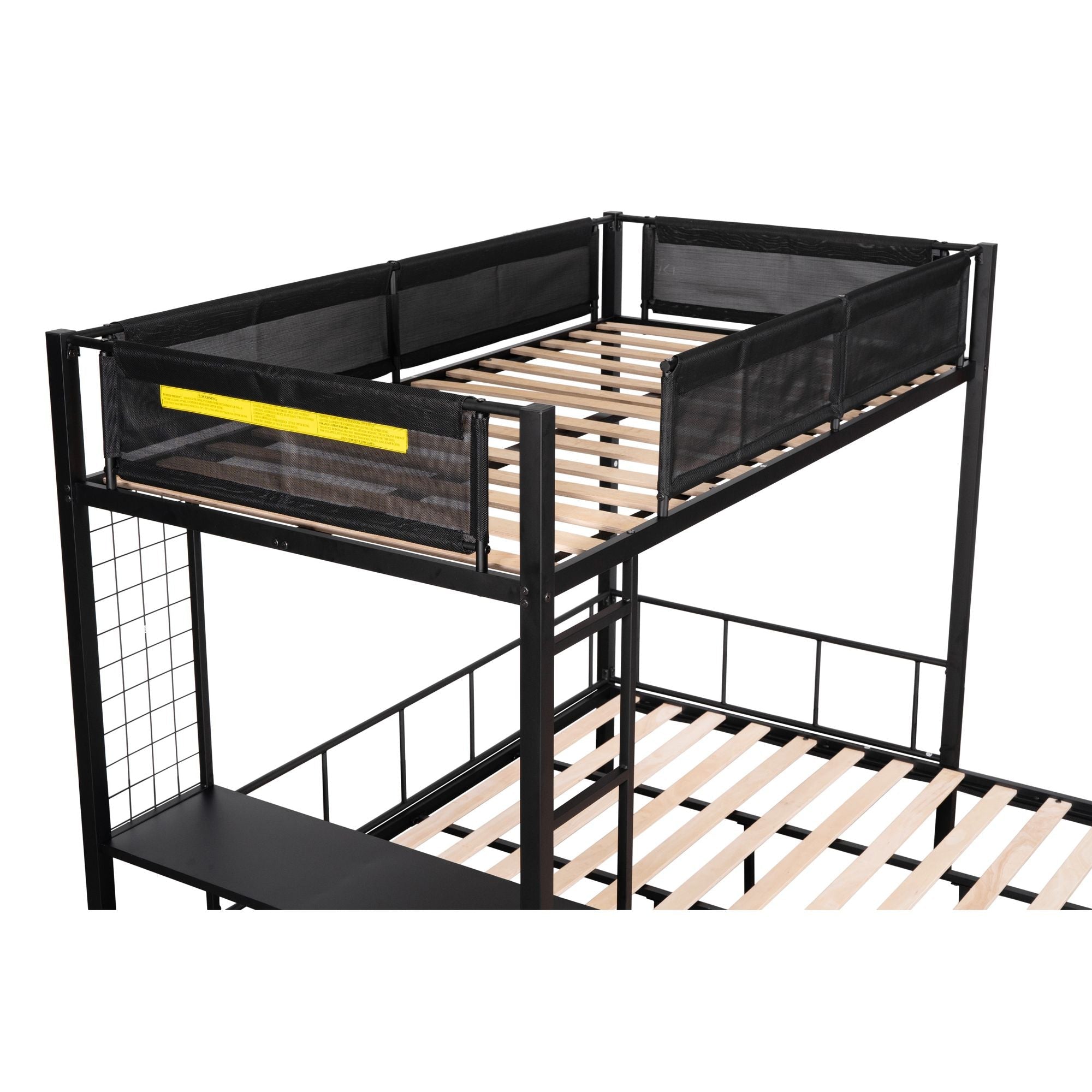 Versatile Twin over Full Metal and Wood Bunk Bed with Shelves, Noise-Free Slats, Black | Just Better Bunk Beds
