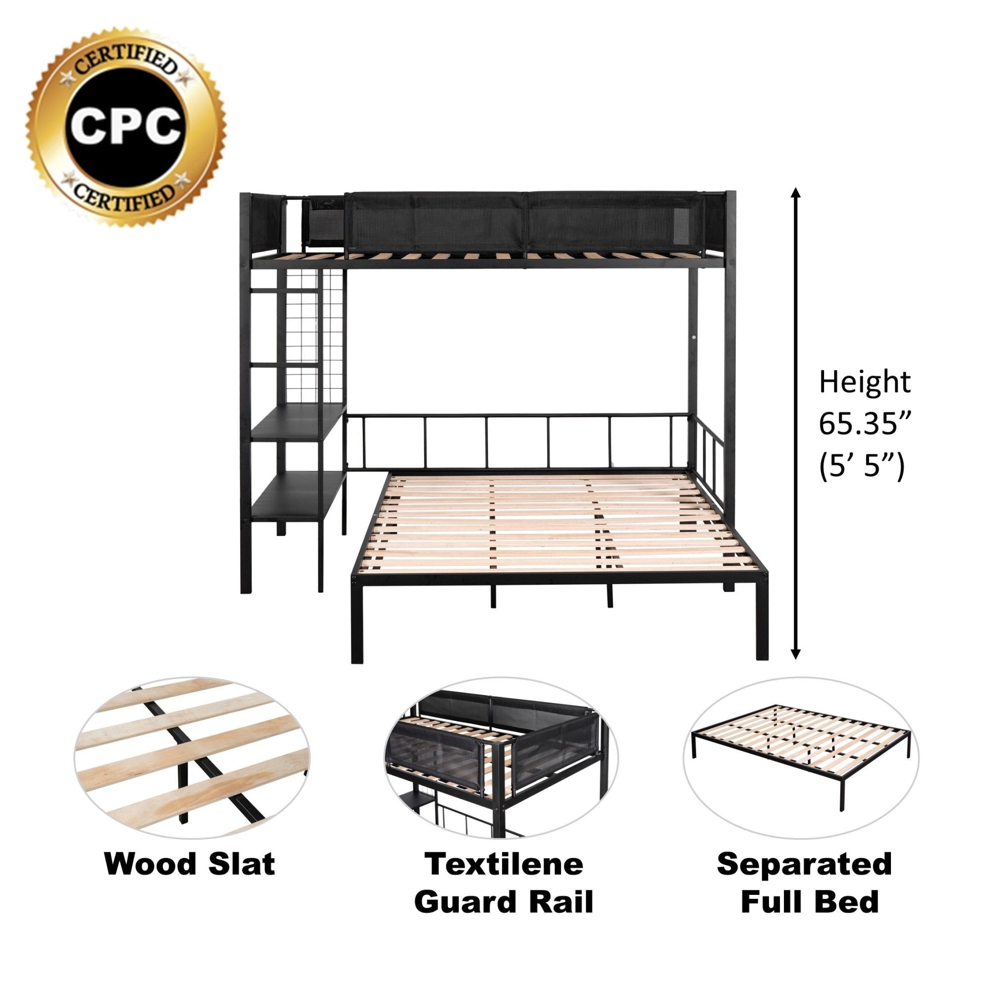Versatile Twin over Full Metal and Wood Bunk Bed with Shelves, Noise-Free Slats, Black | Just Better Bunk Beds