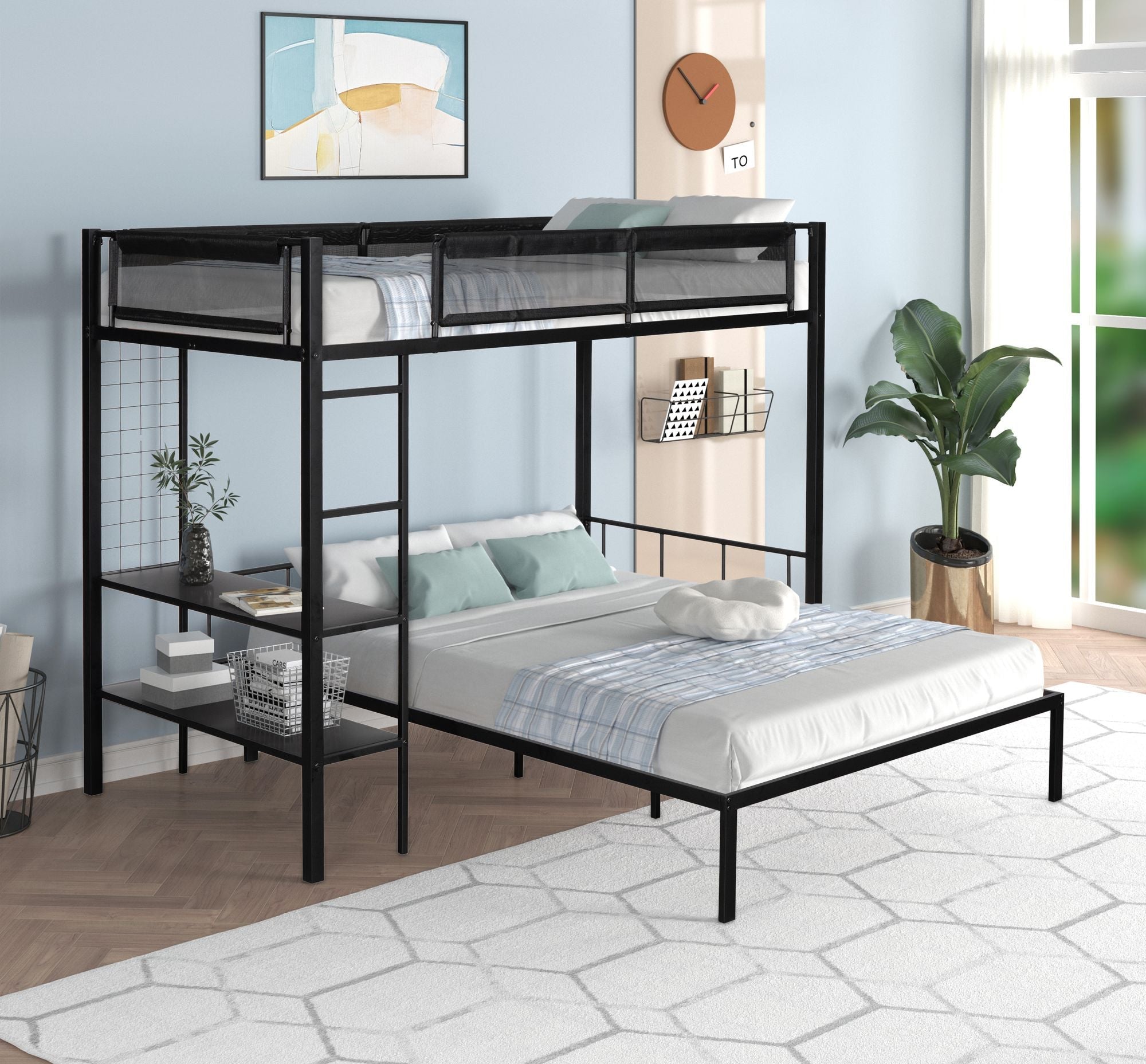 Versatile Twin over Full Metal and Wood Bunk Bed with Shelves, Noise-Free Slats, Black | Just Better Bunk Beds