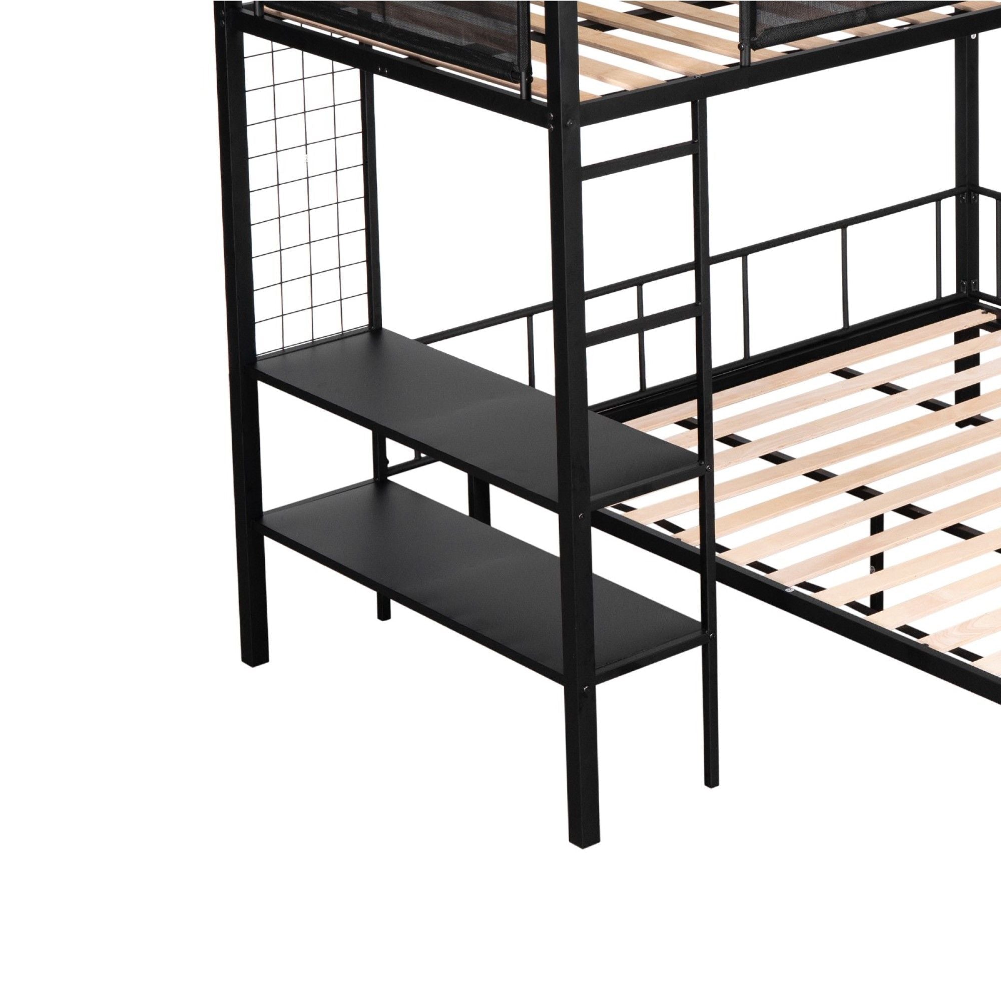 Versatile Twin over Full Metal and Wood Bunk Bed with Shelves, Noise-Free Slats, Black | Just Better Bunk Beds