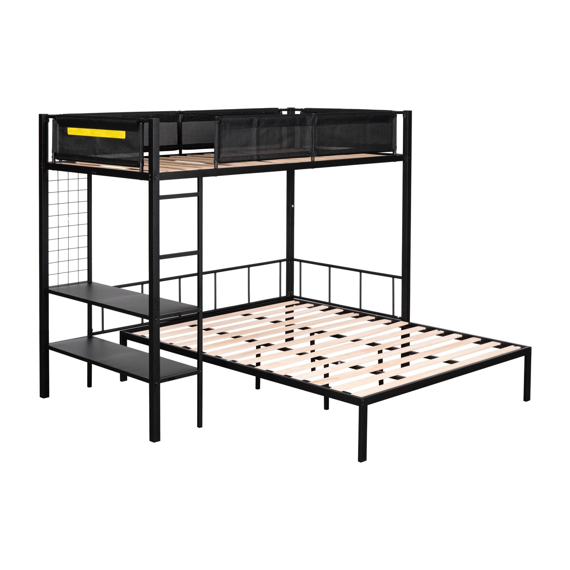 Versatile Twin over Full Metal and Wood Bunk Bed with Shelves, Noise-Free Slats, Black | Just Better Bunk Beds