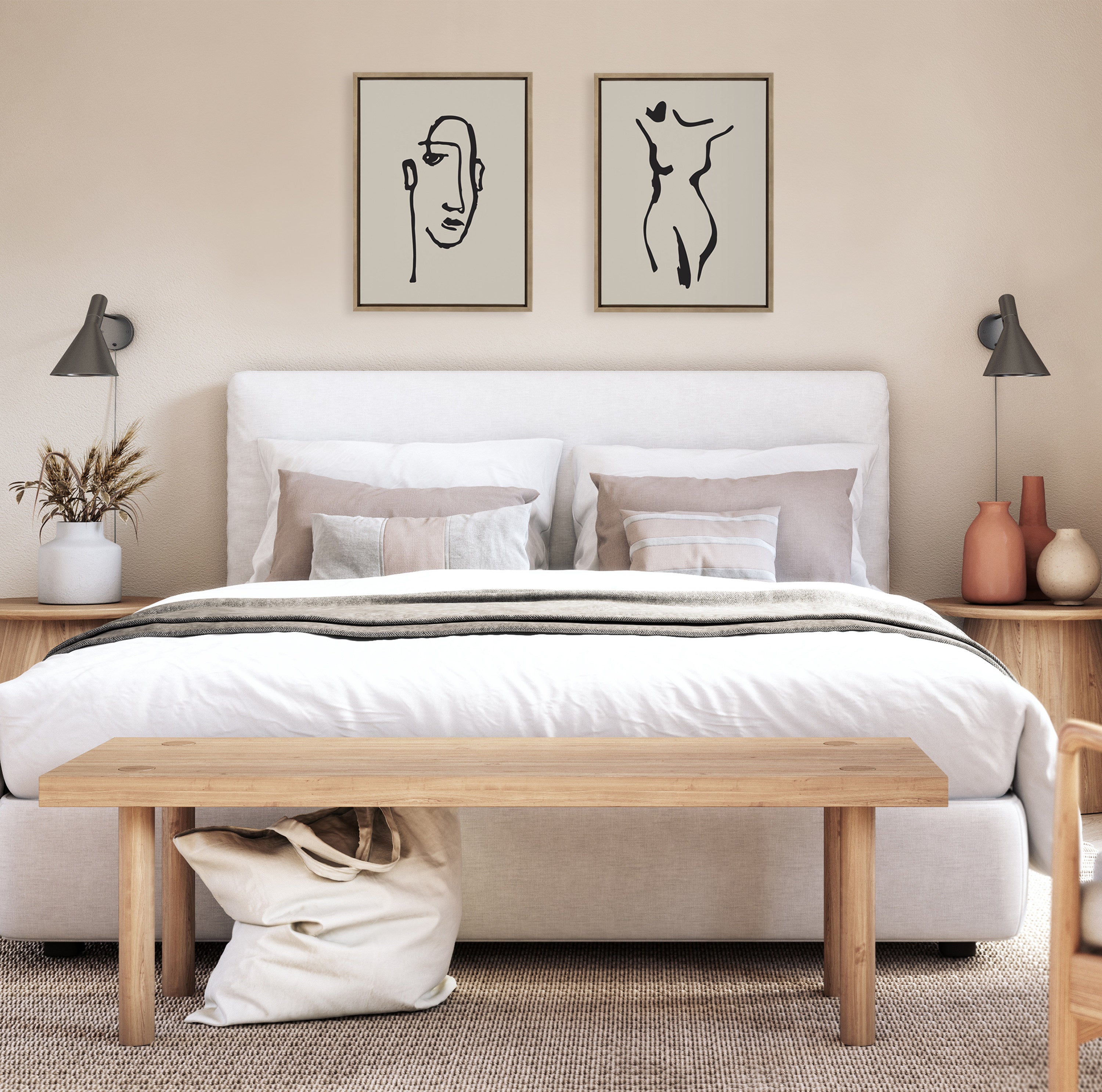 Sylvie Minimalist Neutral Line Art Drawing Face and Body Framed Canvas Art Set by The Creative Bunch Studio