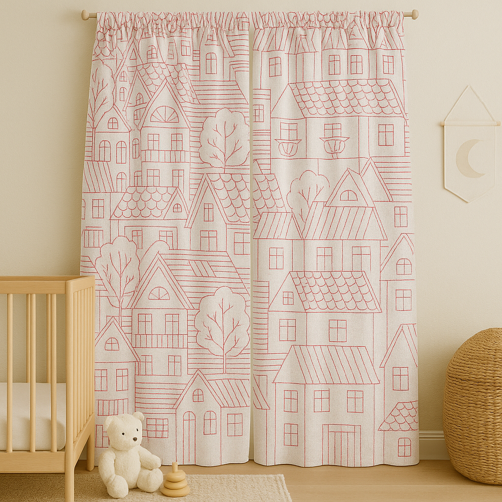 Embroidered Linen Curtains with Village House Pattern – 5 Colours – Blackout or Light Filtering Lined – Custom Sizes – Rod or Track Compatible-4