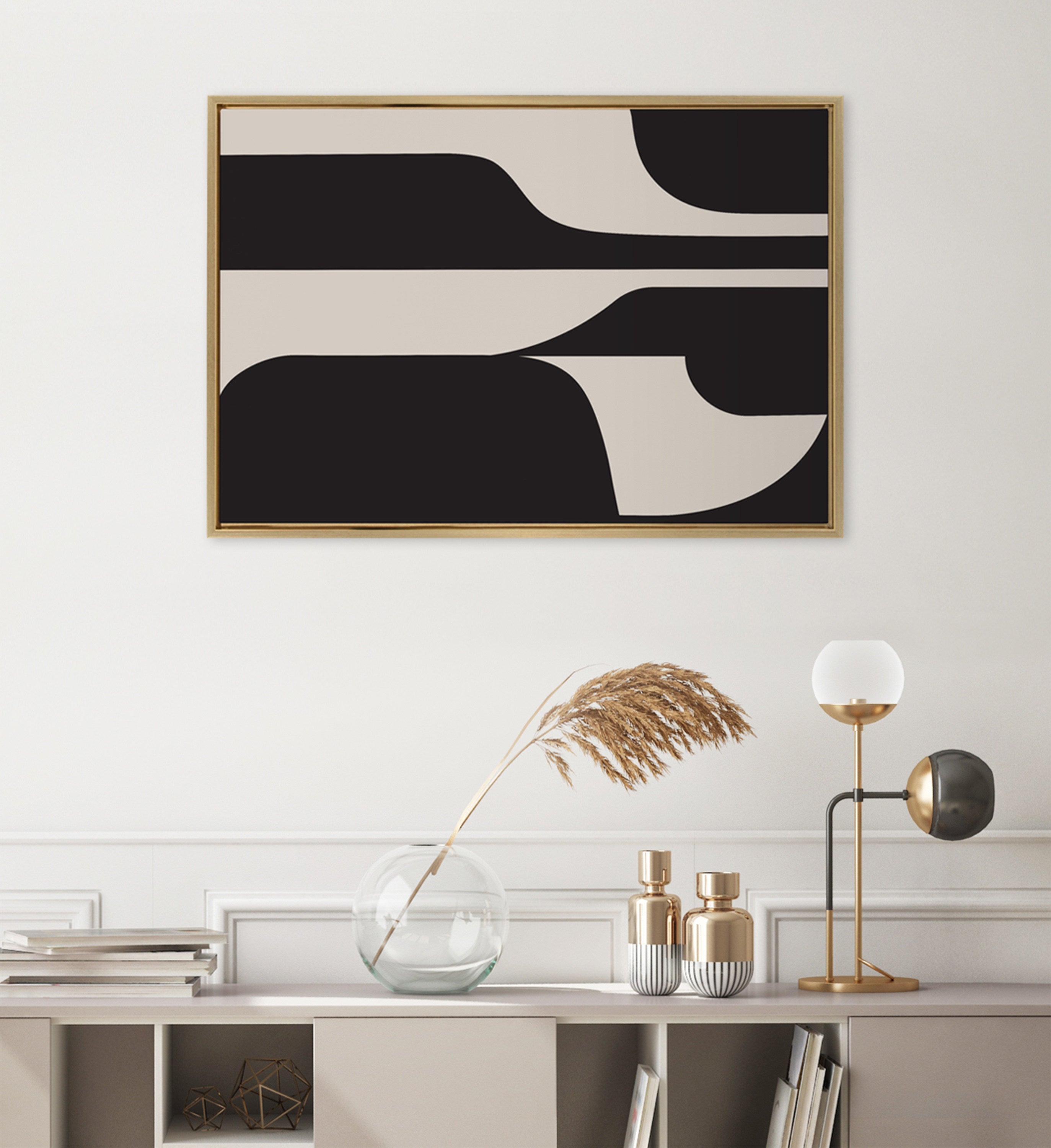 Sylvie Eye Catching Sleek Abstract 6 Black and Beige Framed Canvas by The Creative Bunch Studio