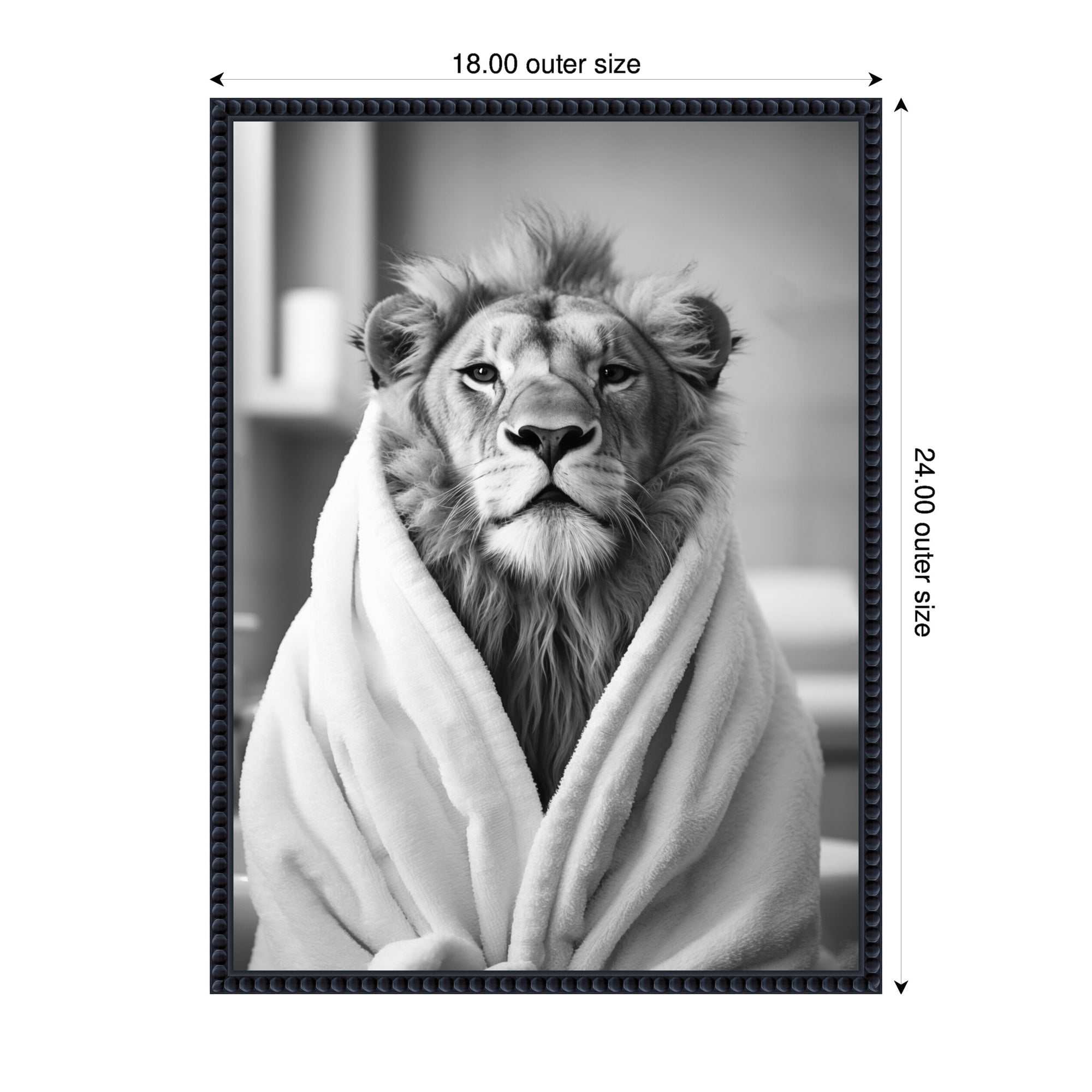 Sylvie Lion Bathroom Art Towel Robe Black and White Framed Canvas by The Creative Bunch Studio