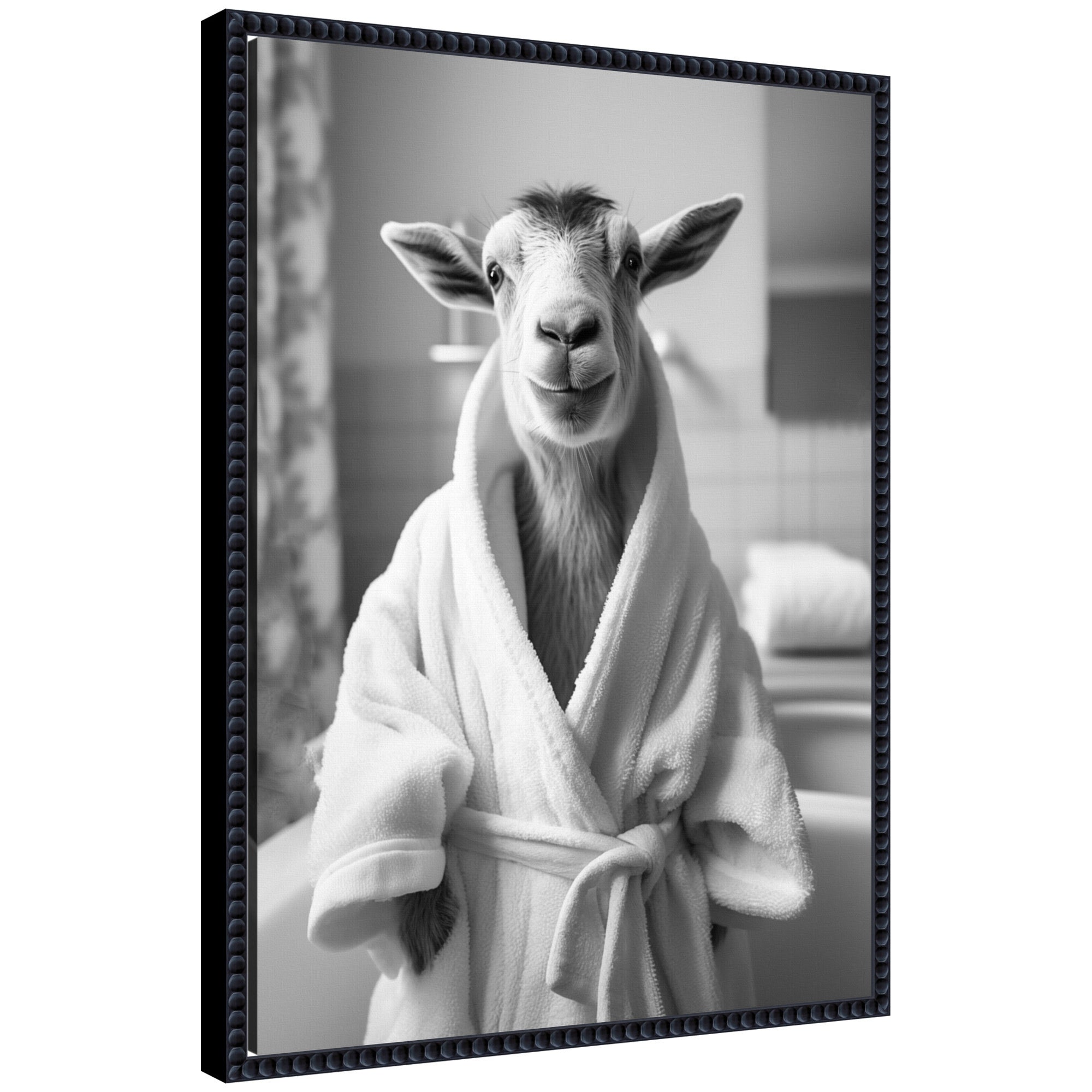 Sylvie Goat Bathroom Art Towel Robe Black and White Framed Canvas by The Creative Bunch Studio