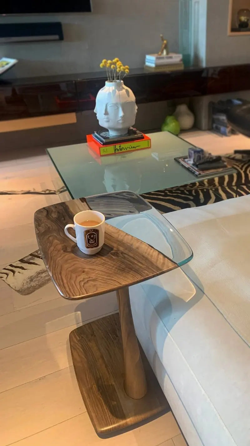 C-Shaped Walnut & Resin End Table with Wheels