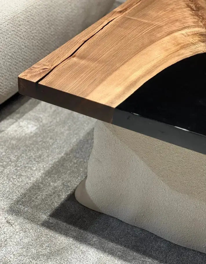 Epoxy-Resin Walnut Coffee Table With Stone Looking Legs