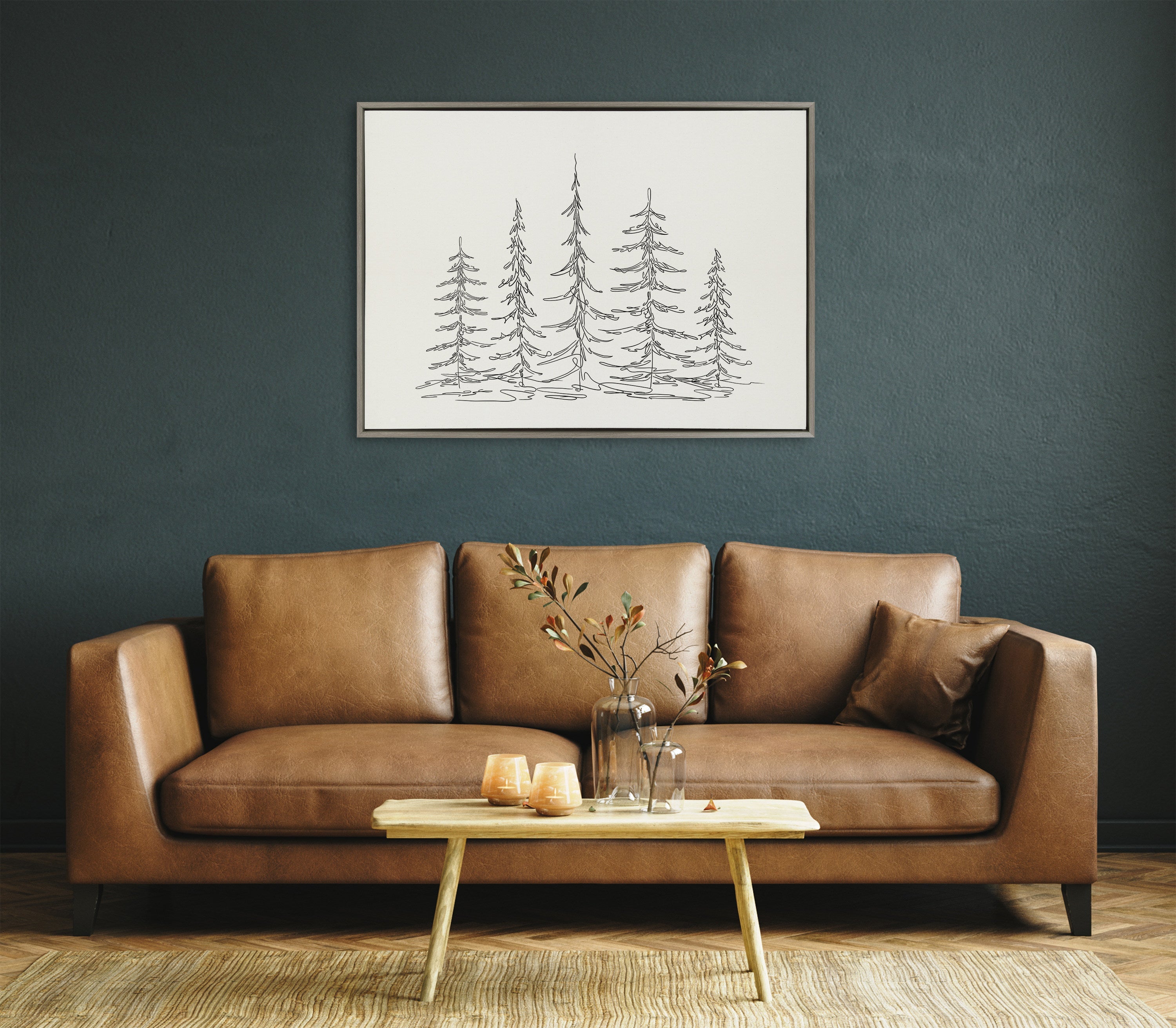 Sylvie Minimalist Evergreen Trees Sketch Framed Canvas by The Creative Bunch Studio