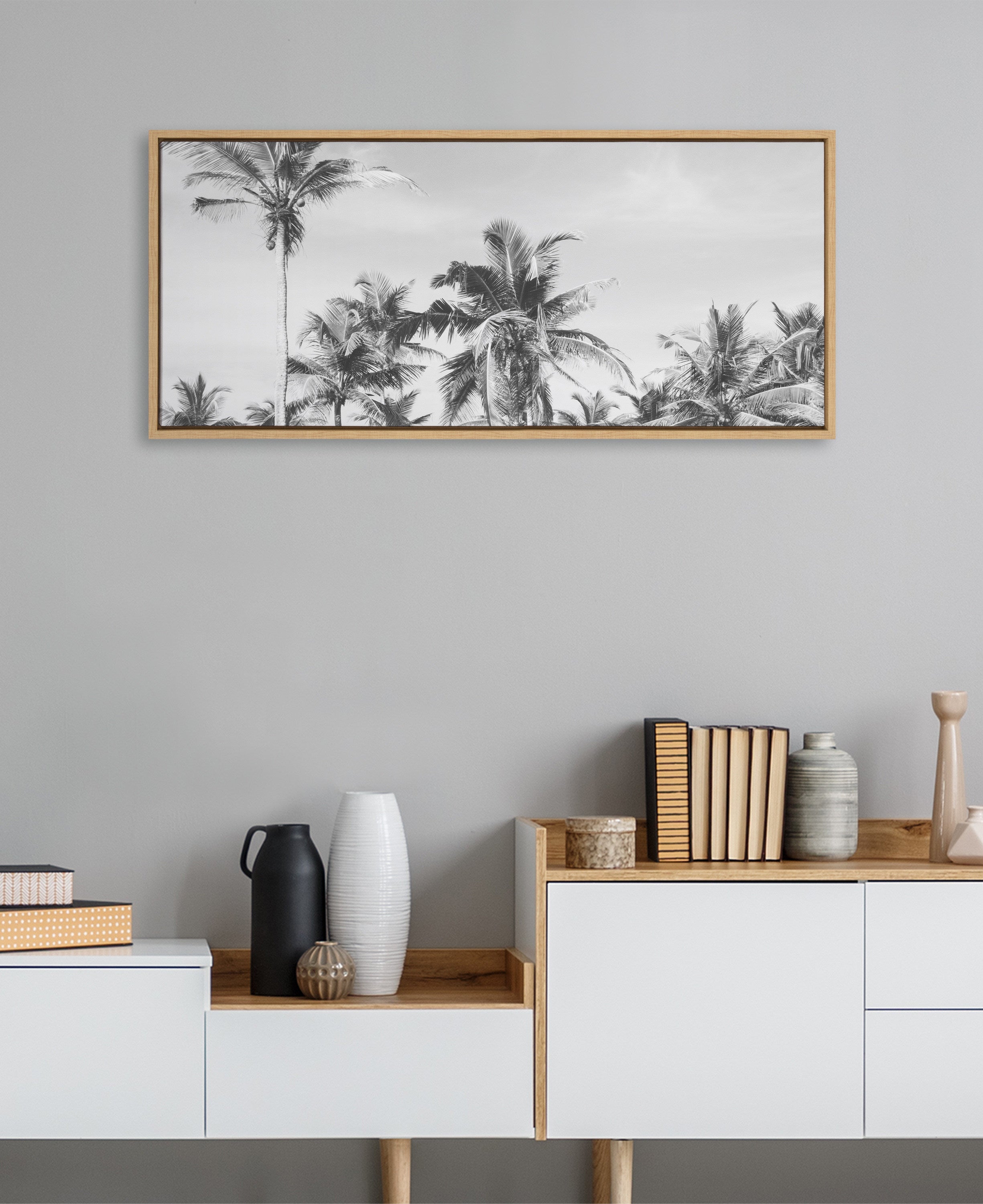Sylvie Coastal Coconut Palm Tree Beach BW Framed Canvas by The Creative Bunch Studio
