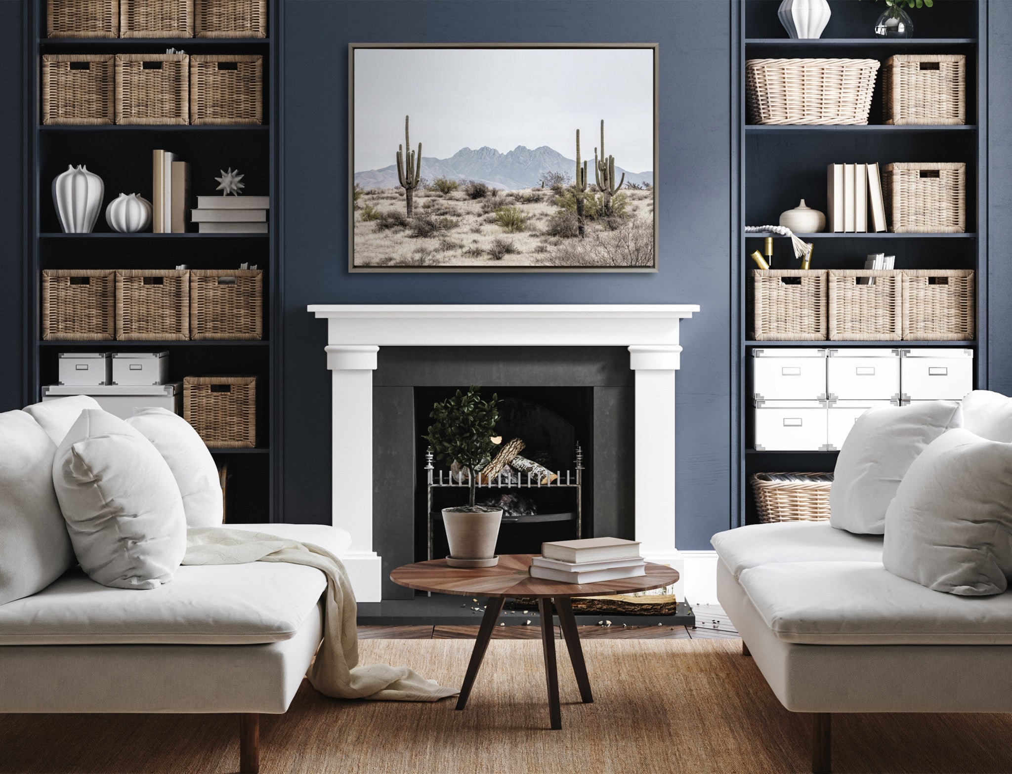 Sylvie Tall Saguaro Cacti Desert Mountain Framed Canvas by The Creative Bunch Studio