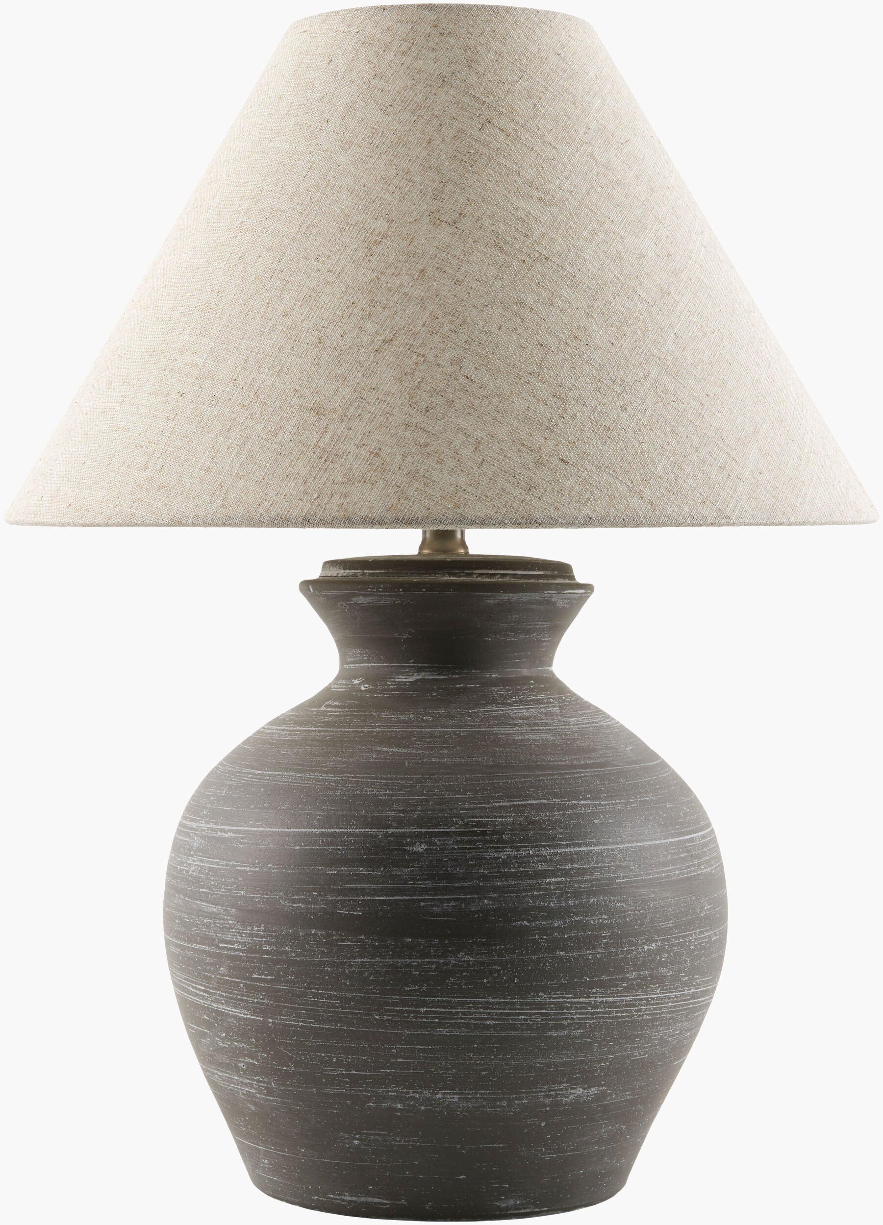 Dark Gray Rustic Table Lamp with Natural Linen Shade-0