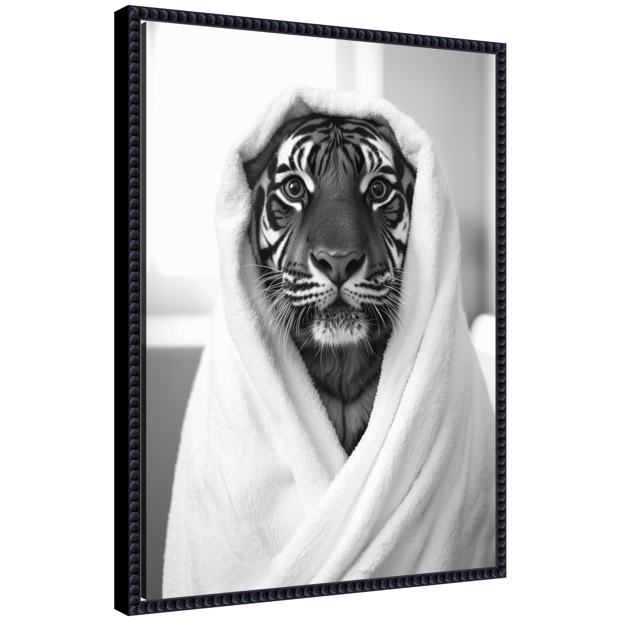 Sylvie Tiger Bathroom Art Towel Robe Black and White Framed Canvas by The Creative Bunch Studio