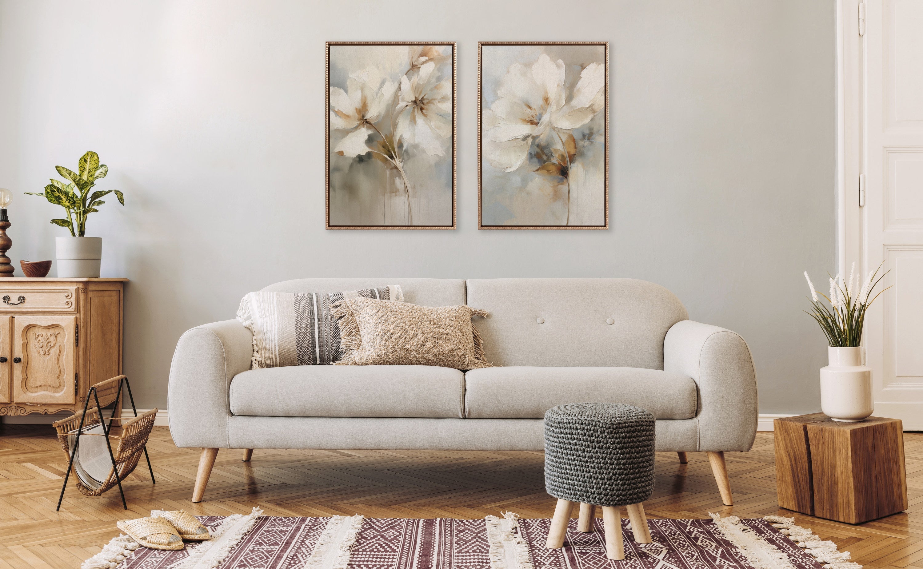 Sylvie Beaded Abstract Botanical Floral Linen Painting 1 and 2 Framed Canvas Art Set by The Creative Bunch Studio