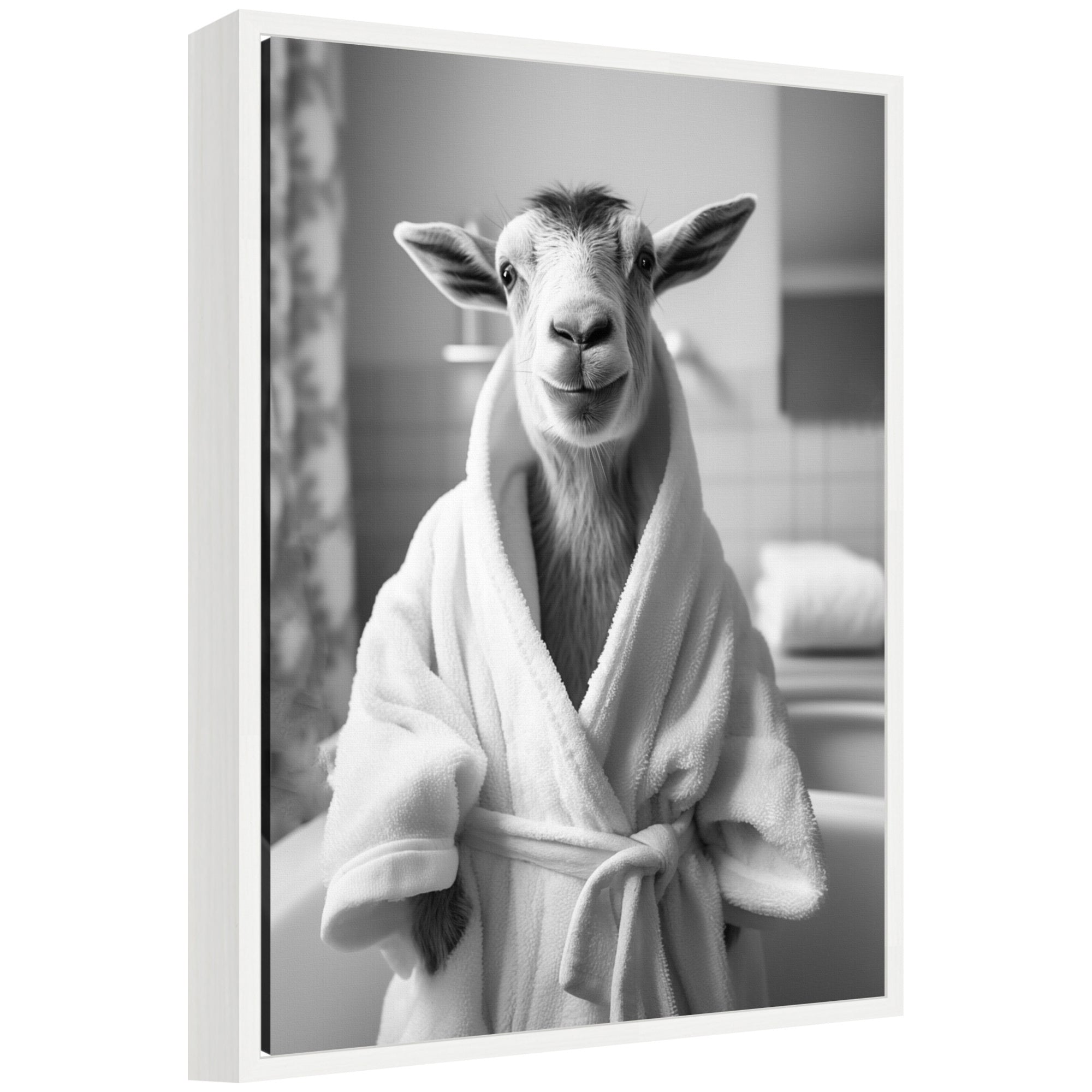 Sylvie Goat Bathroom Art Towel Robe Black and White Framed Canvas by The Creative Bunch Studio