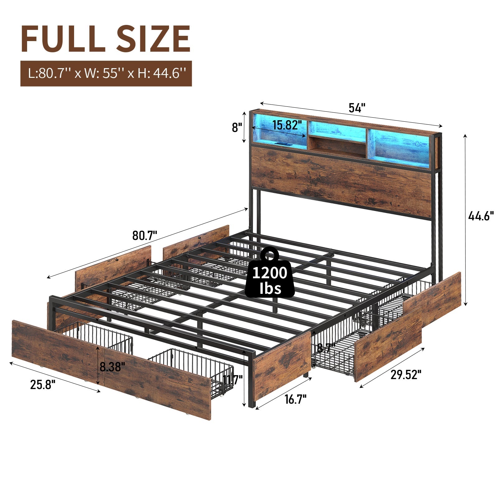 Yanosaku BF012-BR Full/Queen/King Bed Frame with LED Headboard, Charging Ports, 6 Storage Drawers, Shelf, Easy Assembly, No Box Spring Needed-1