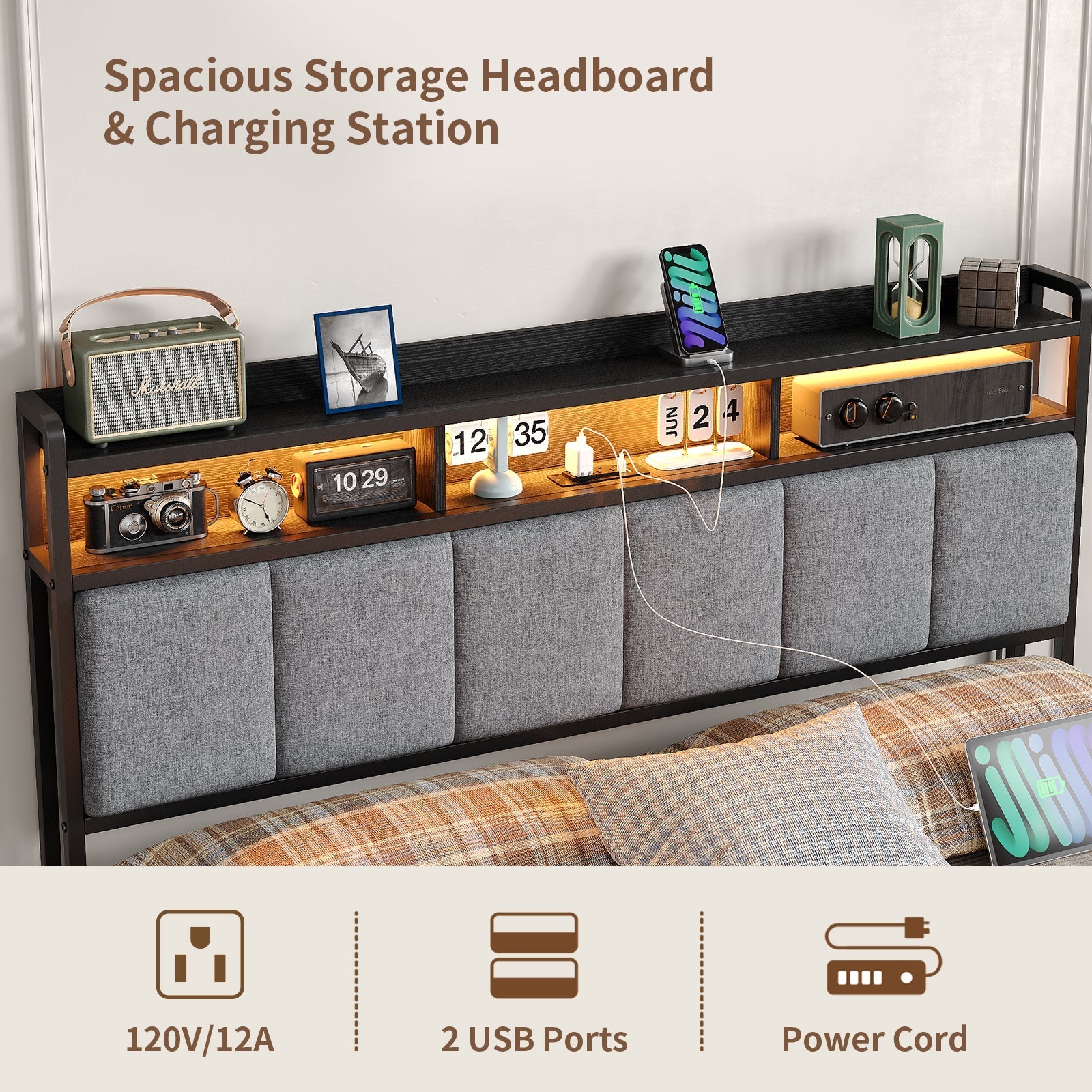 Vektaya US-BF016-BL Full/Queen Bed Frame with RGB LED Headboard, Charging Station, 2 Drawers, 2 USB & 2 AC Outlets, Easy Assembly, No Box Spring, Black