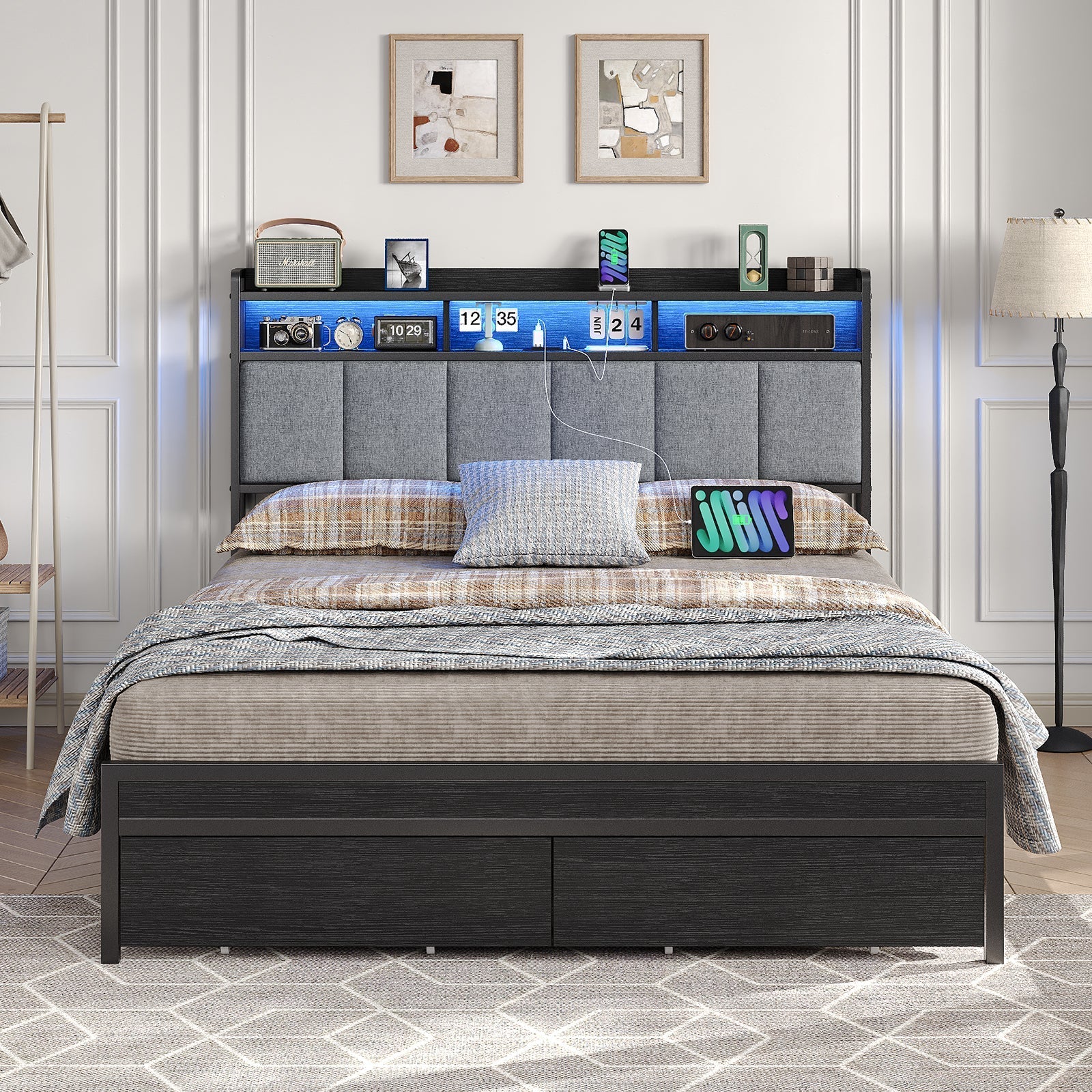 Vektaya US-BF016-BL Full/Queen Bed Frame with RGB LED Headboard, Charging Station, 2 Drawers, 2 USB & 2 AC Outlets, Easy Assembly, No Box Spring, Black
