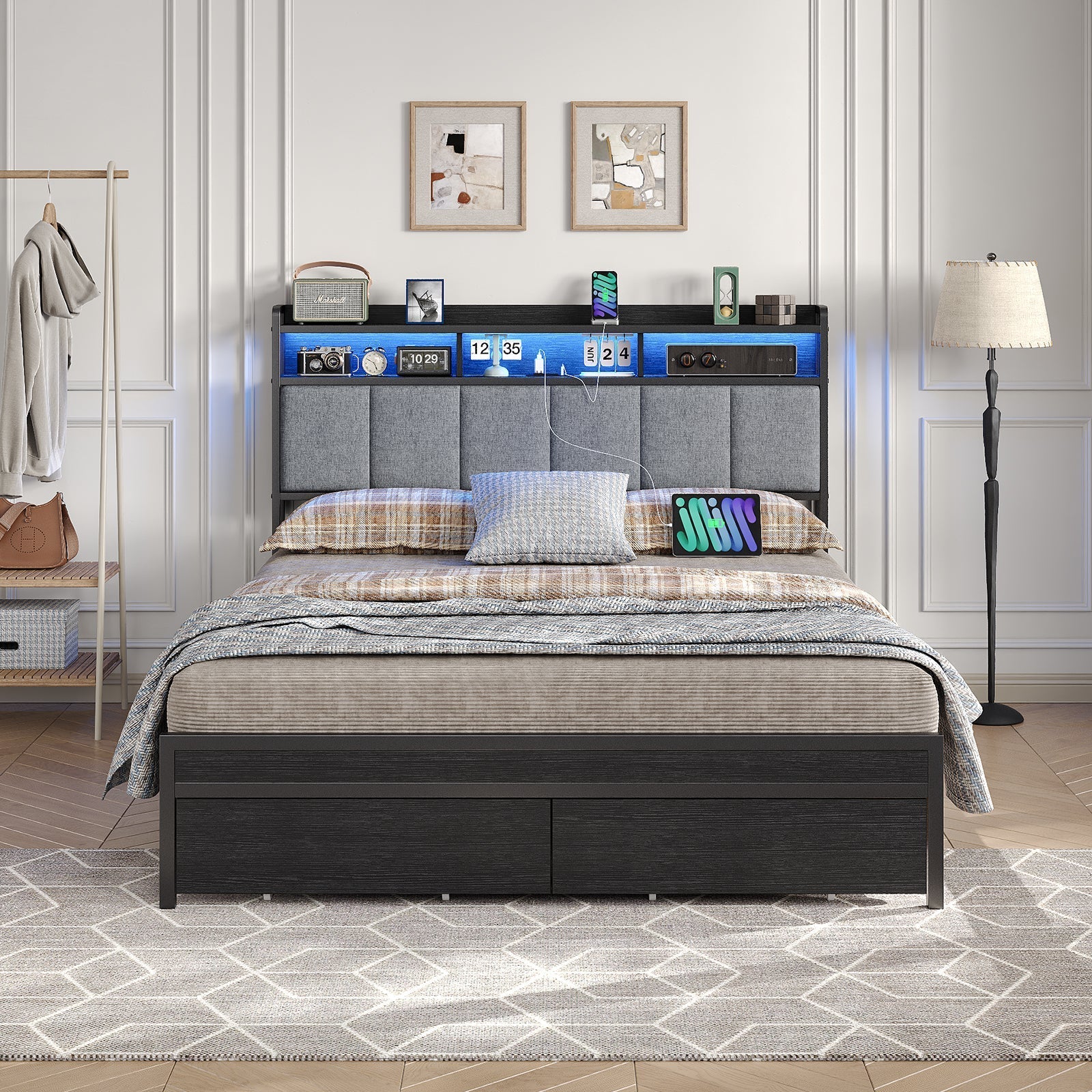 Vektaya US-BF016-BL Full/Queen Bed Frame with RGB LED Headboard, Charging Station, 2 Drawers, 2 USB & 2 AC Outlets, Easy Assembly, No Box Spring, Black