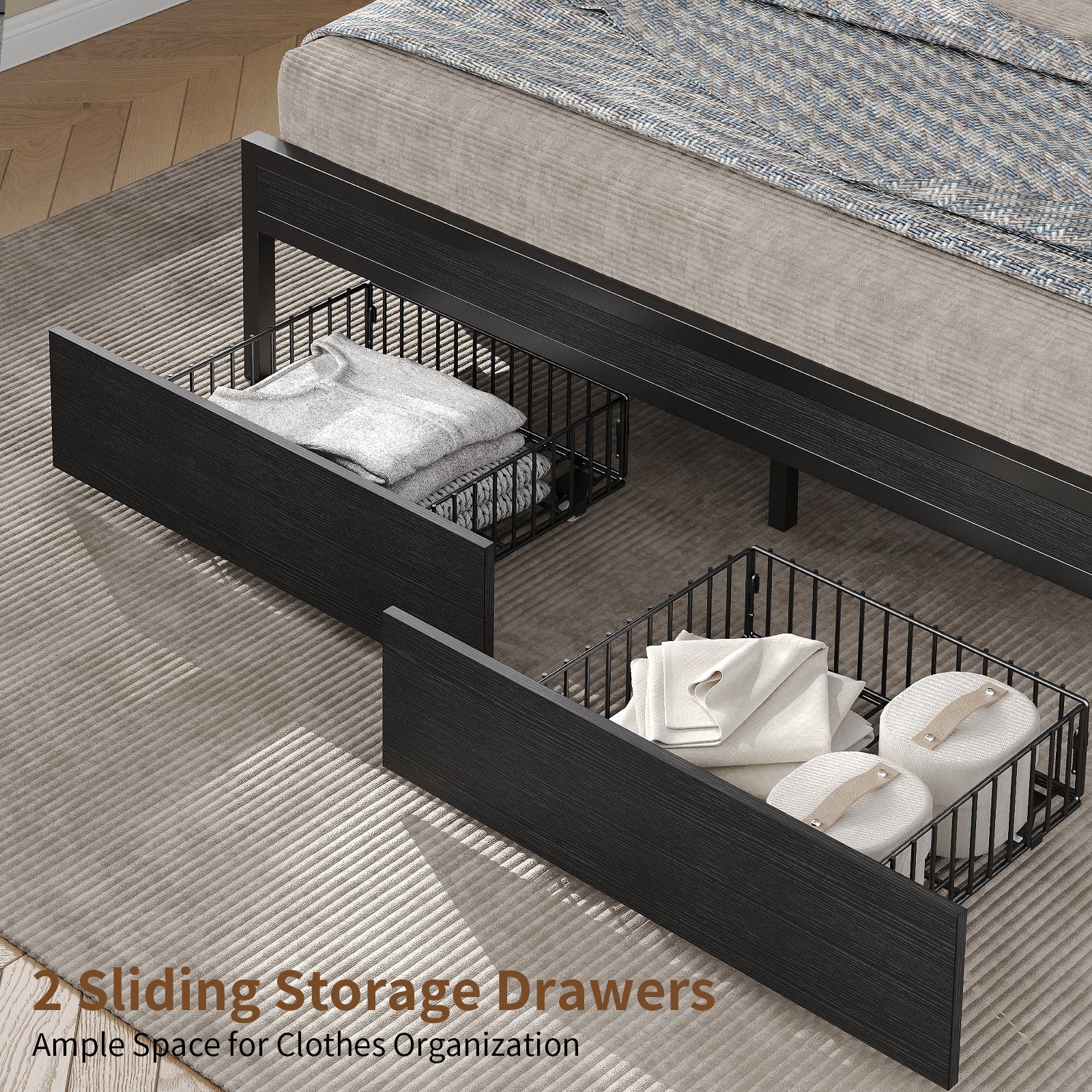 Vektaya US-BF016-BL Full/Queen Bed Frame with RGB LED Headboard, Charging Station, 2 Drawers, 2 USB & 2 AC Outlets, Easy Assembly, No Box Spring, Black