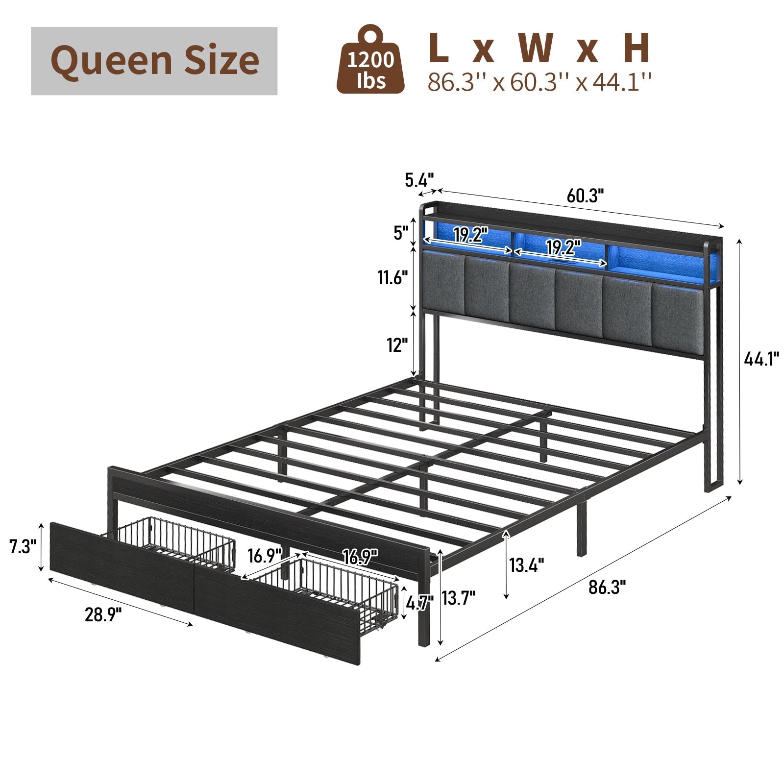 Vektaya US-BF016-BL Full/Queen Bed Frame with RGB LED Headboard, Charging Station, 2 Drawers, 2 USB & 2 AC Outlets, Easy Assembly, No Box Spring, Black