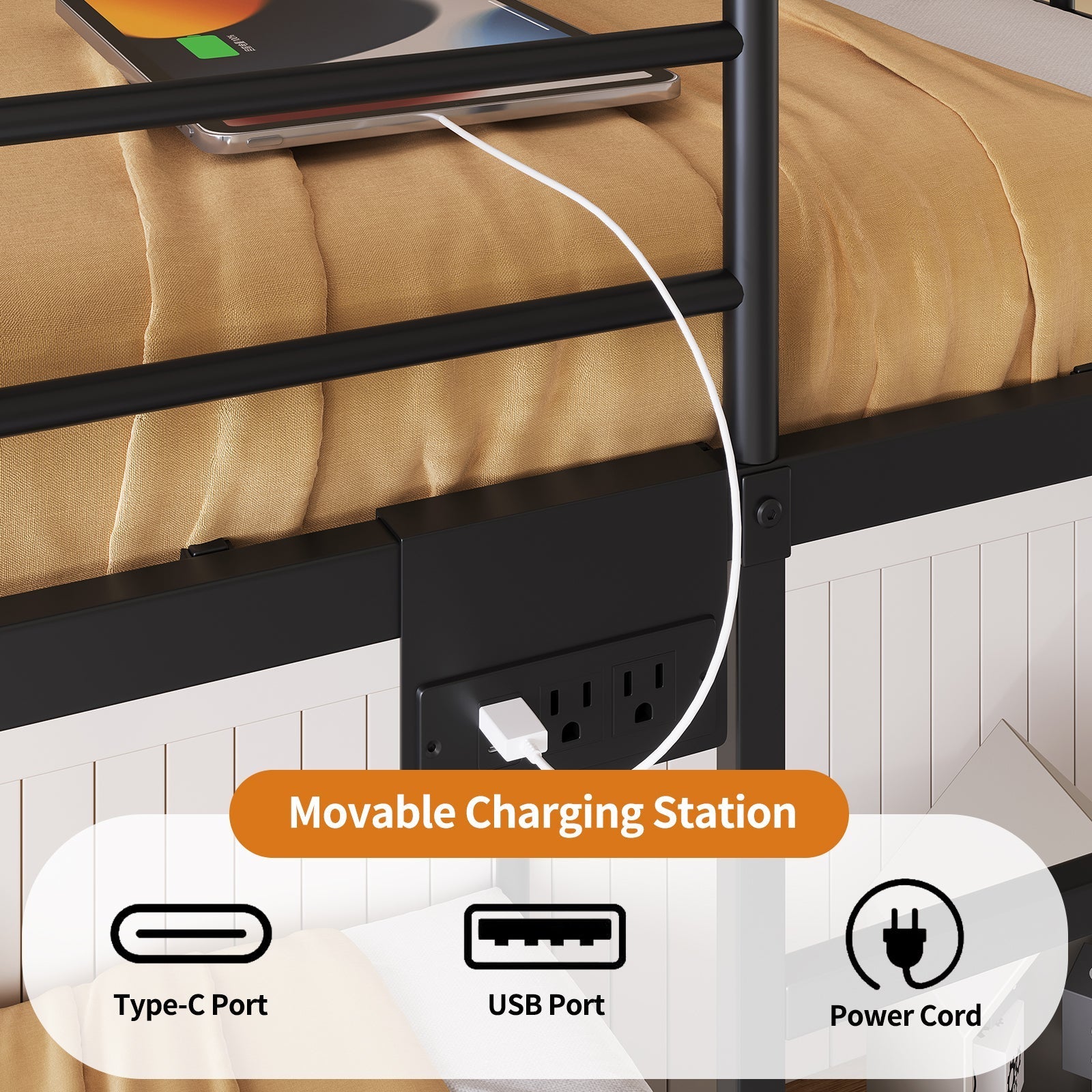 Vektaya US-BF018-BL Twin/Full Metal Bunk Bed with LED, Charging Station, 2 Drawers, Guard Rails & Ladder, No Box Spring, Black