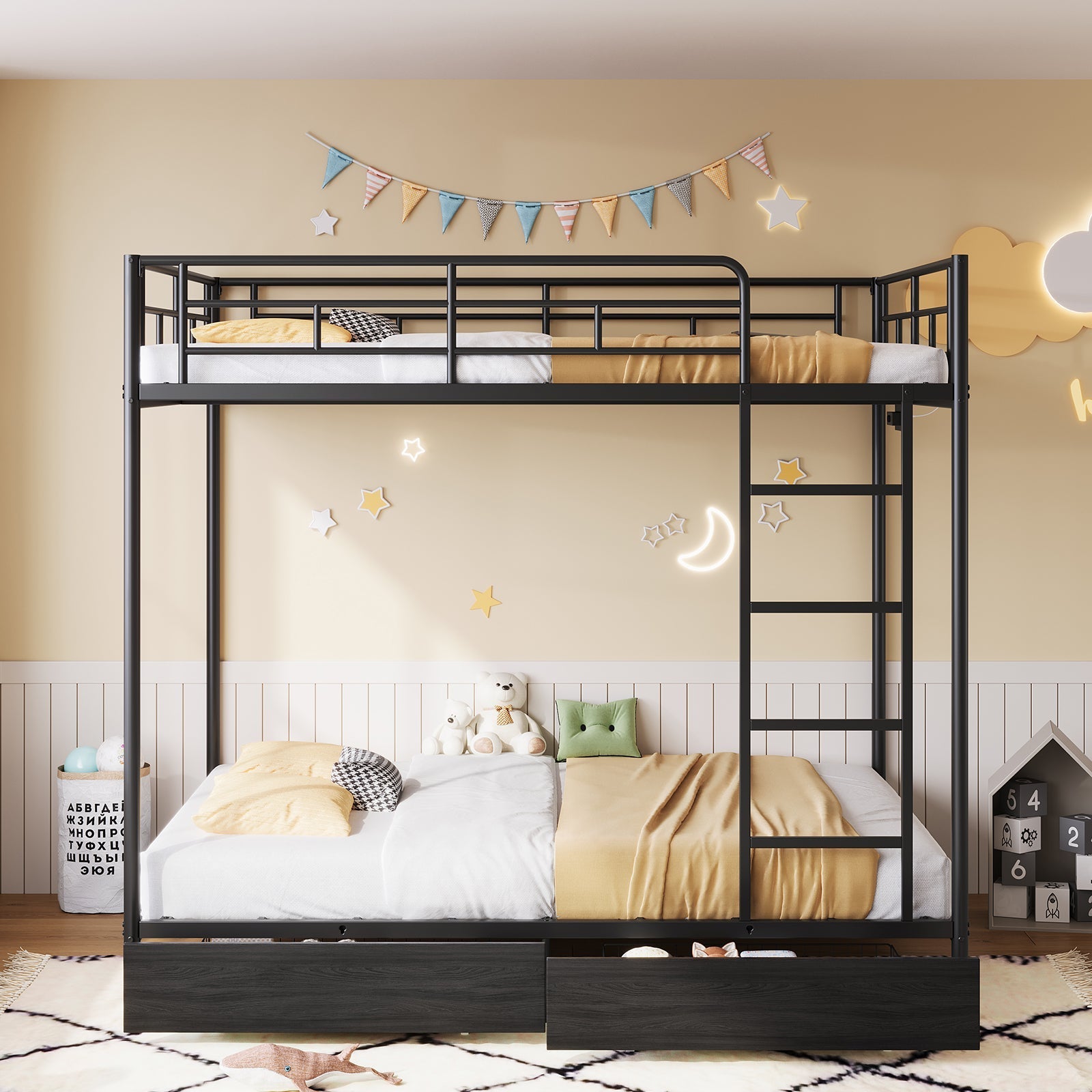 Vektaya US-BF018-BL Twin/Full Metal Bunk Bed with LED, Charging Station, 2 Drawers, Guard Rails & Ladder, No Box Spring, Black