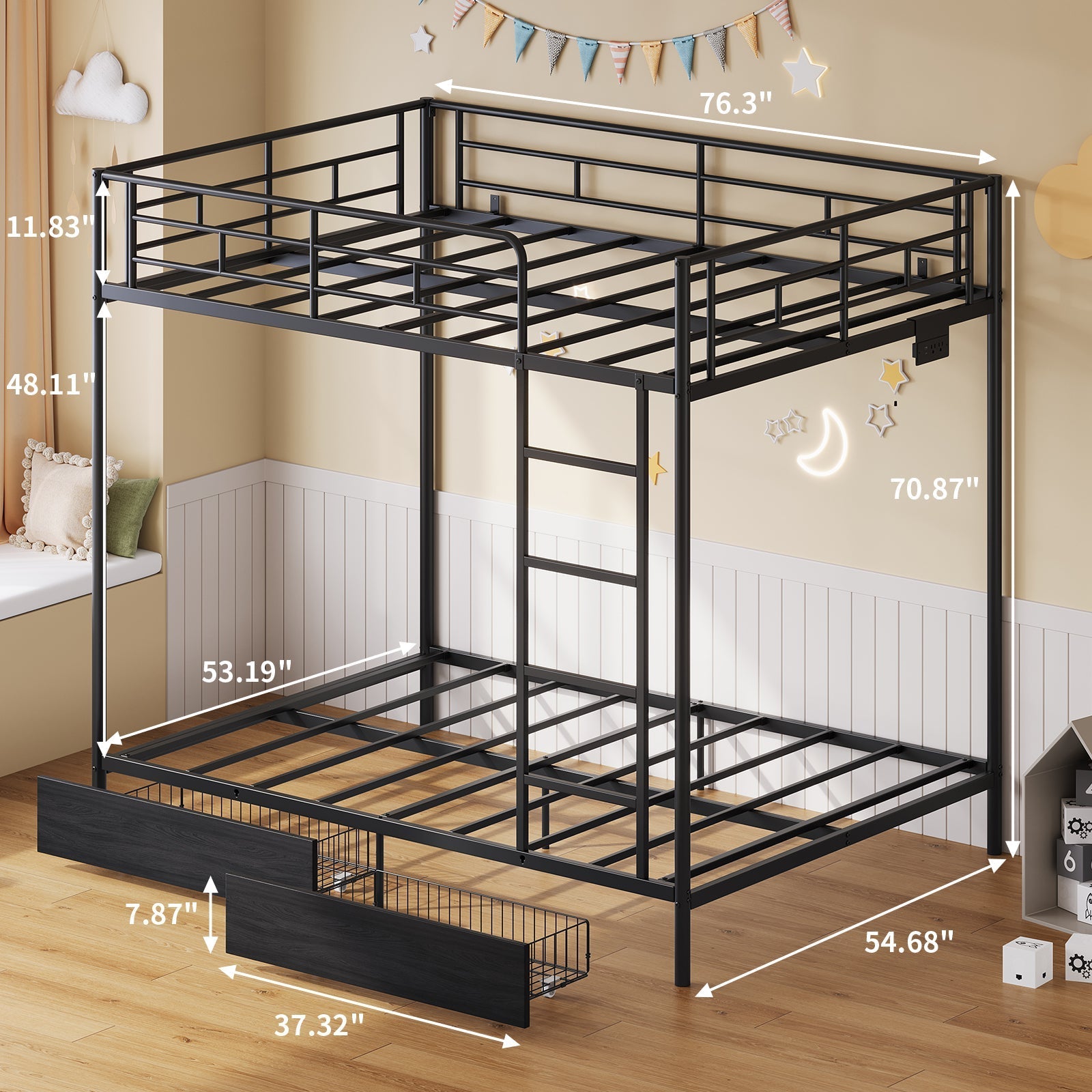 Vektaya US-BF018-BL Twin/Full Metal Bunk Bed with LED, Charging Station, 2 Drawers, Guard Rails & Ladder, No Box Spring, Black