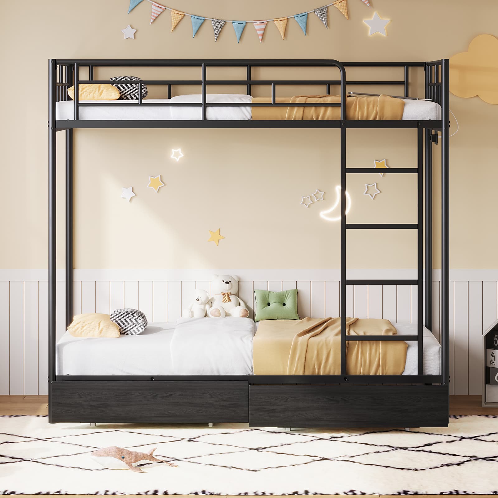 Vektaya US-BF018-BL Twin/Full Metal Bunk Bed with LED, Charging Station, 2 Drawers, Guard Rails & Ladder, No Box Spring, Black