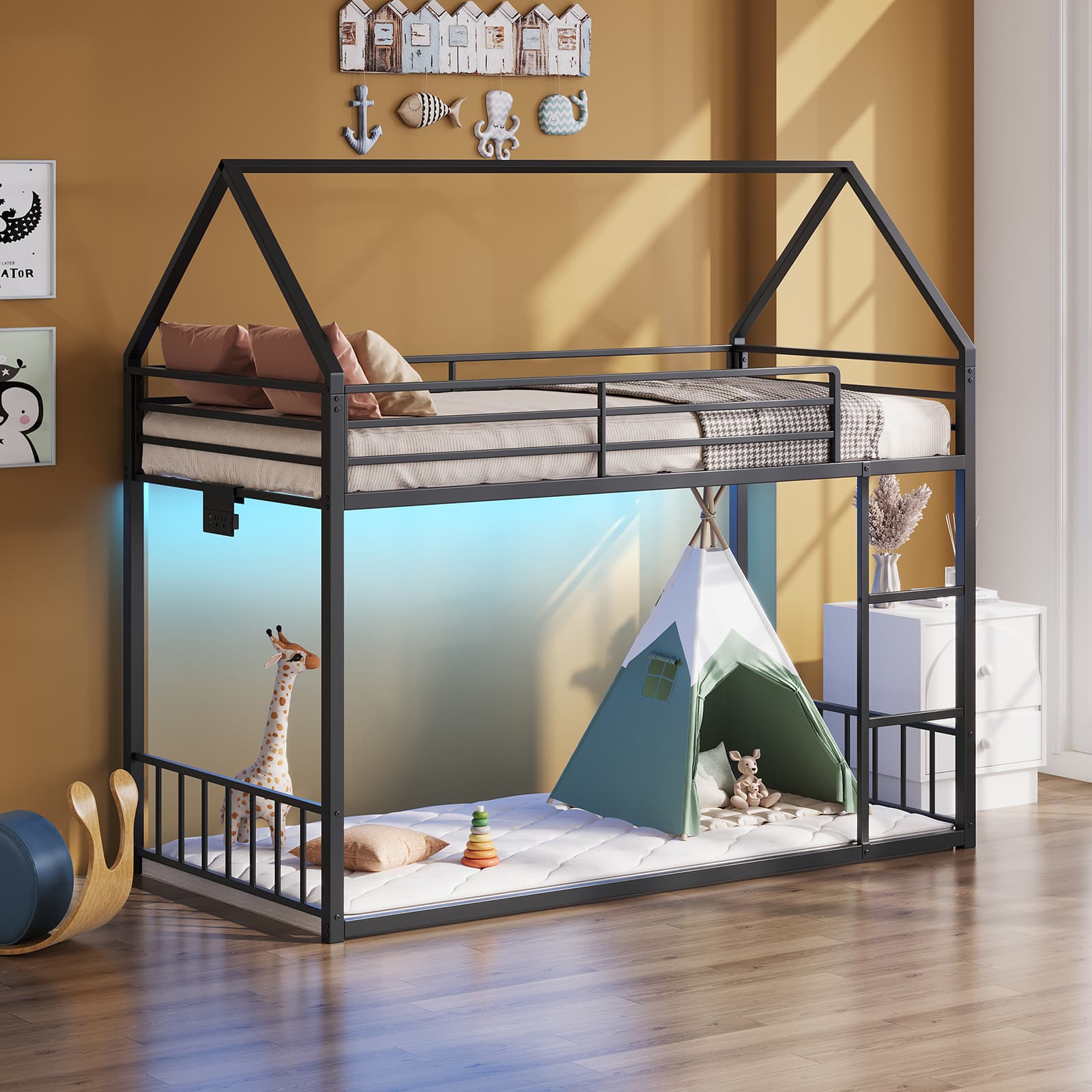 Yanosaku BF019-BK-T Twin Bunk Bed Frame with Charging Station & RGB LED, Easy Assembly, Storage Space, House Metal Frame with Ladder-0