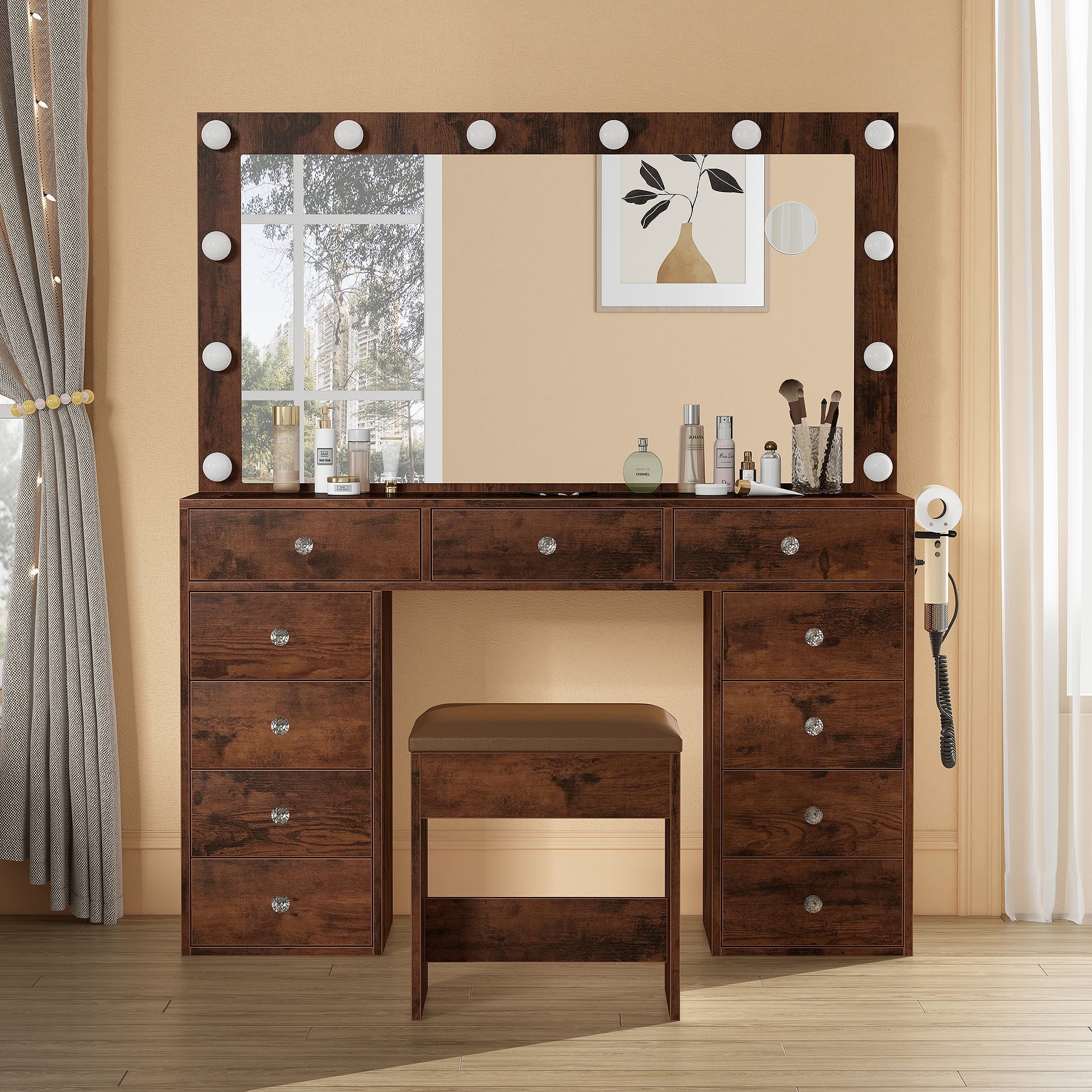 Yanosaku VD003 Bedroom Makeup Vanity desk with LED Mirror, 11 Drawers-8