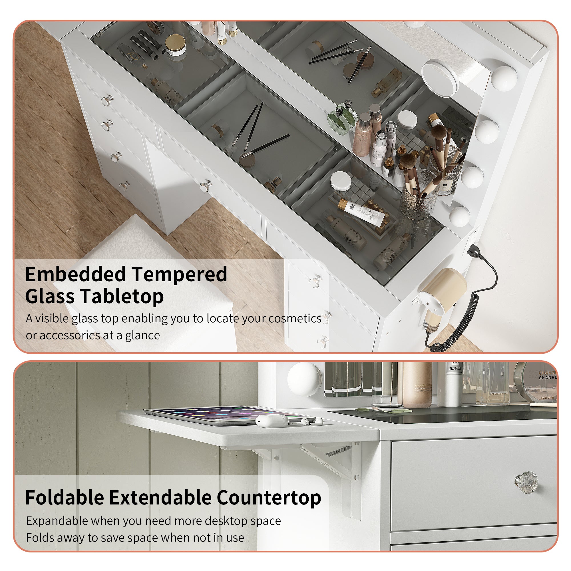 Vektaya US-VD007 Bedroom Makeup Vanity desk with LED Mirror, 9 Drawers