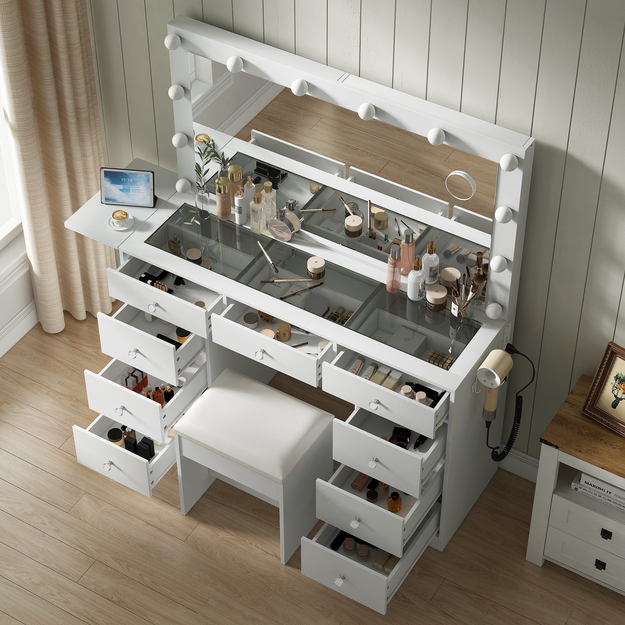 Yanosaku VD007 Bedroom Makeup Vanity desk with LED Mirror, 9 Drawers-4