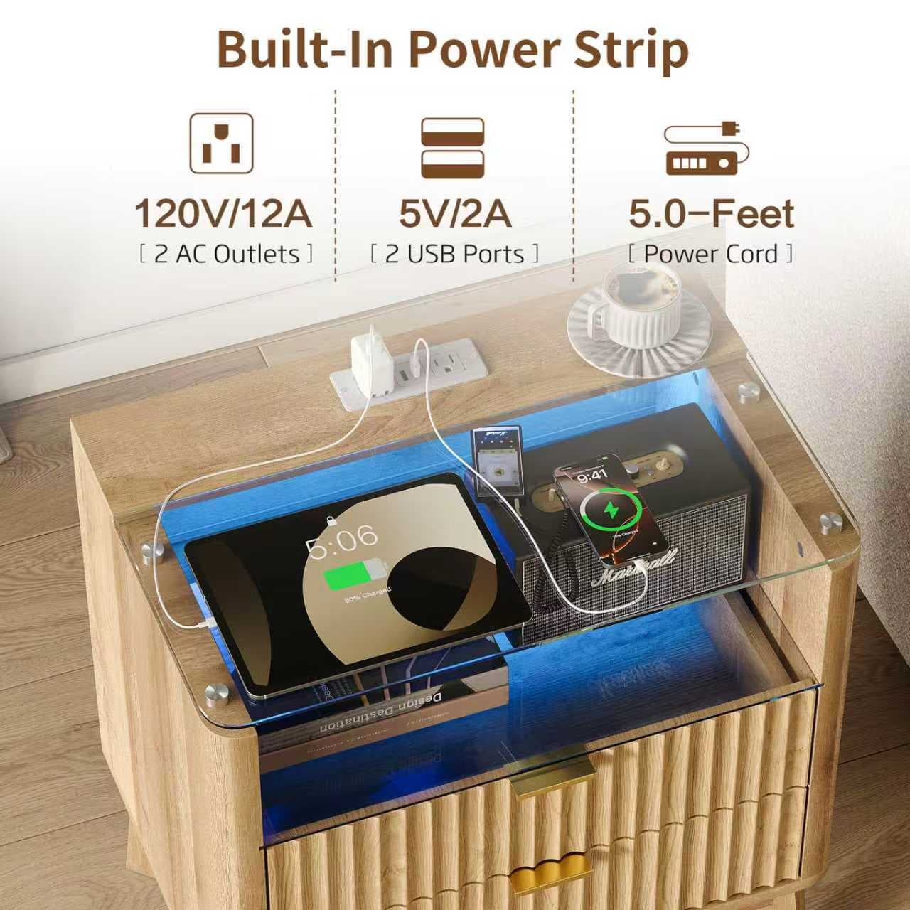 23" Fluted LED Nightstand with Charging Station, Drawers, Oak - Yanosaku