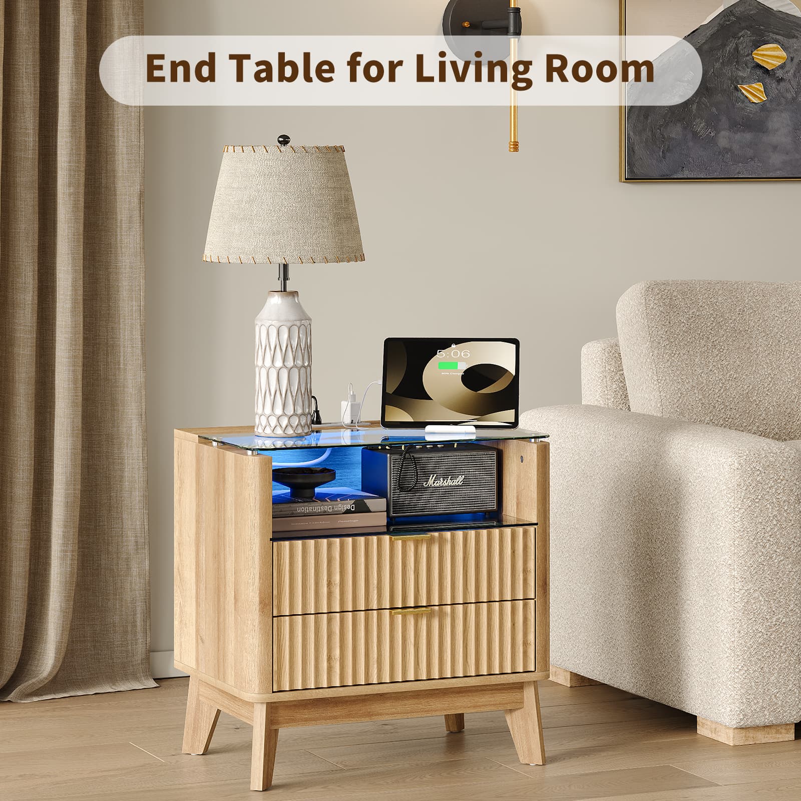 23" Fluted LED Nightstand with Charging Station, Drawers, Oak - Yanosaku