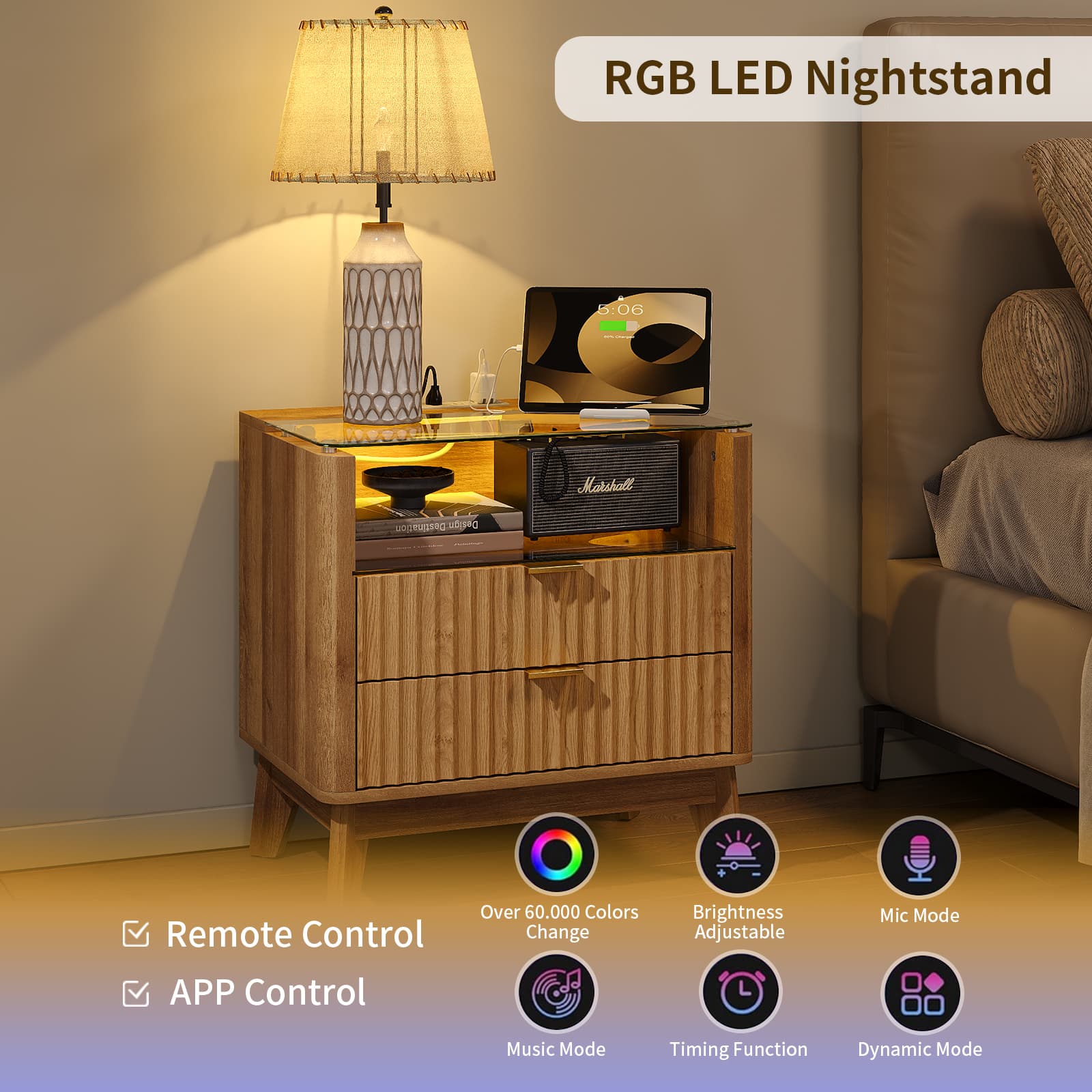 23" Fluted LED Nightstand with Charging Station, Drawers, Oak - Yanosaku