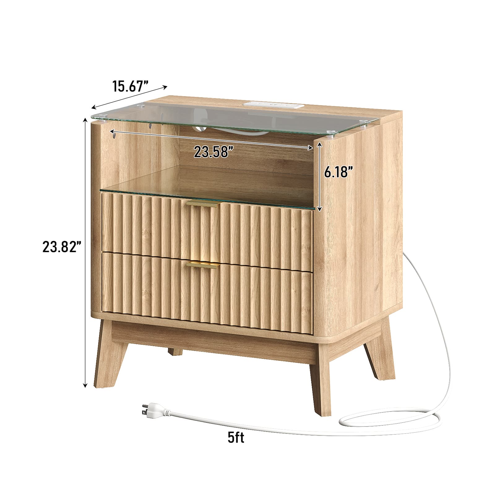 Vektaya US-NS003-NR 23" Nightstand with Charging Station, Fluted LED End Table with Drawers, Oak