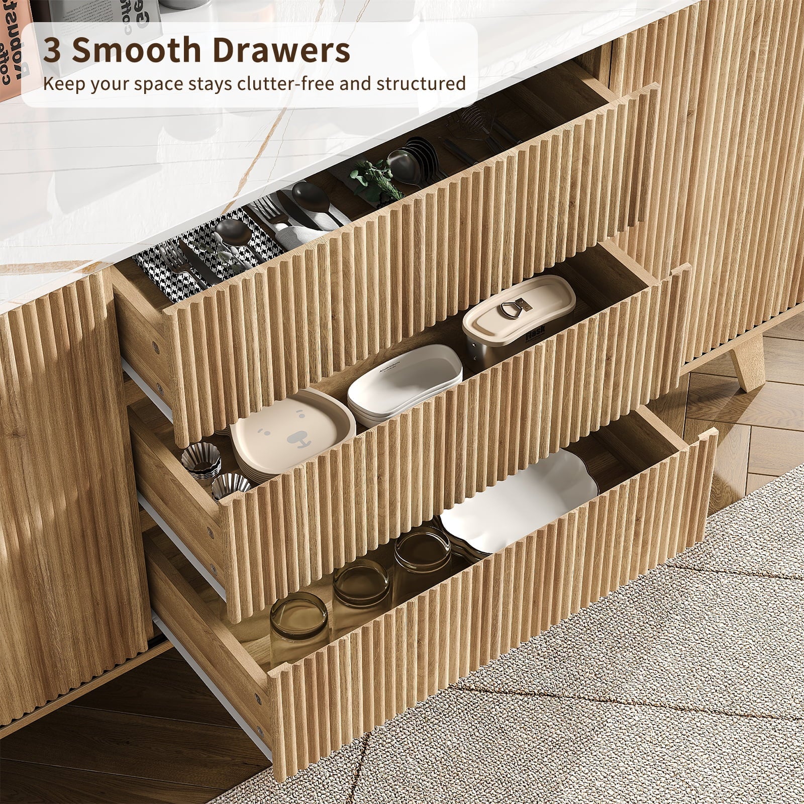 Vektaya US-TS001 62" W Fluted Buffet Cabinet