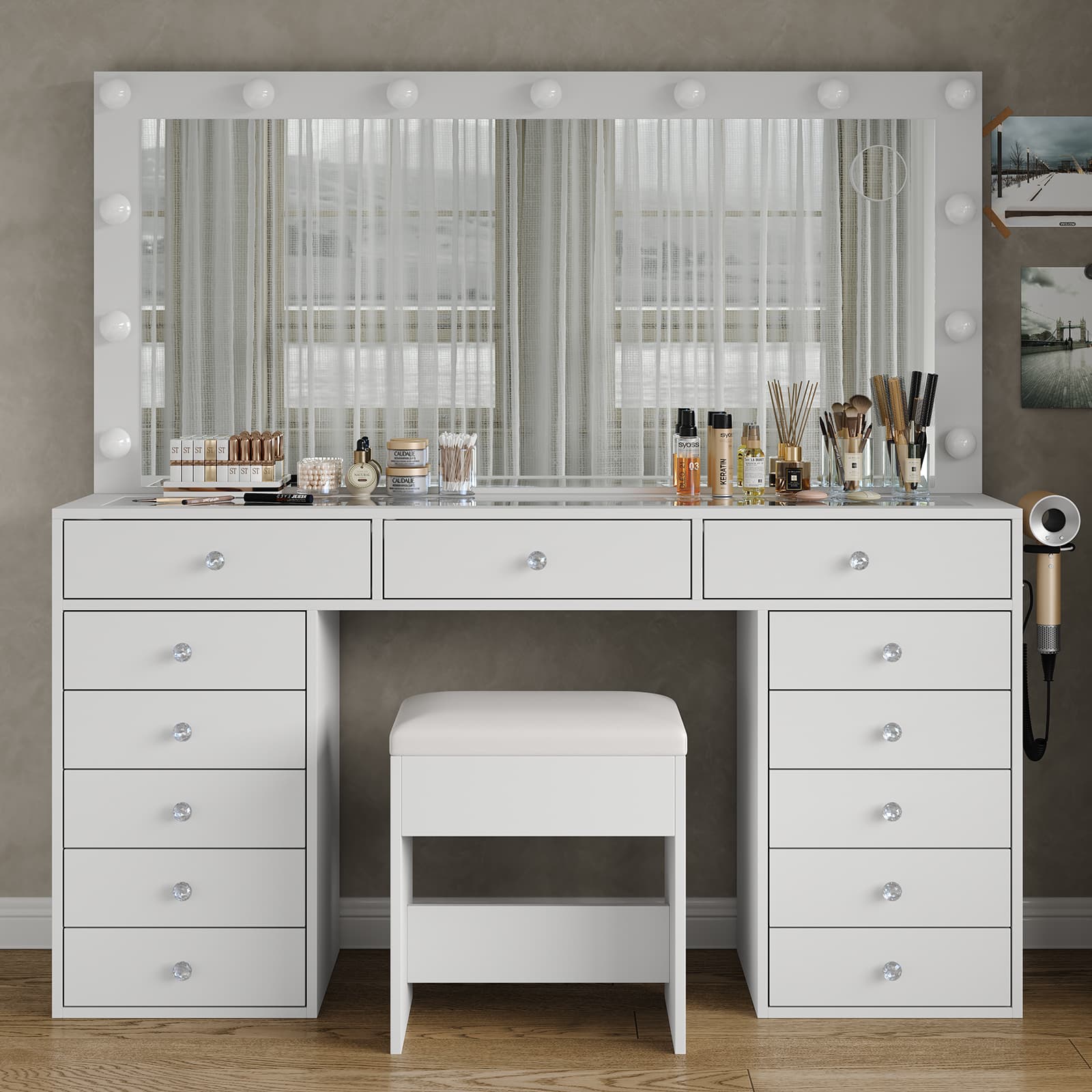 Yanosaku VD016 Bedroom Makeup Vanity desk with LED Mirror, 13 Drawers-5