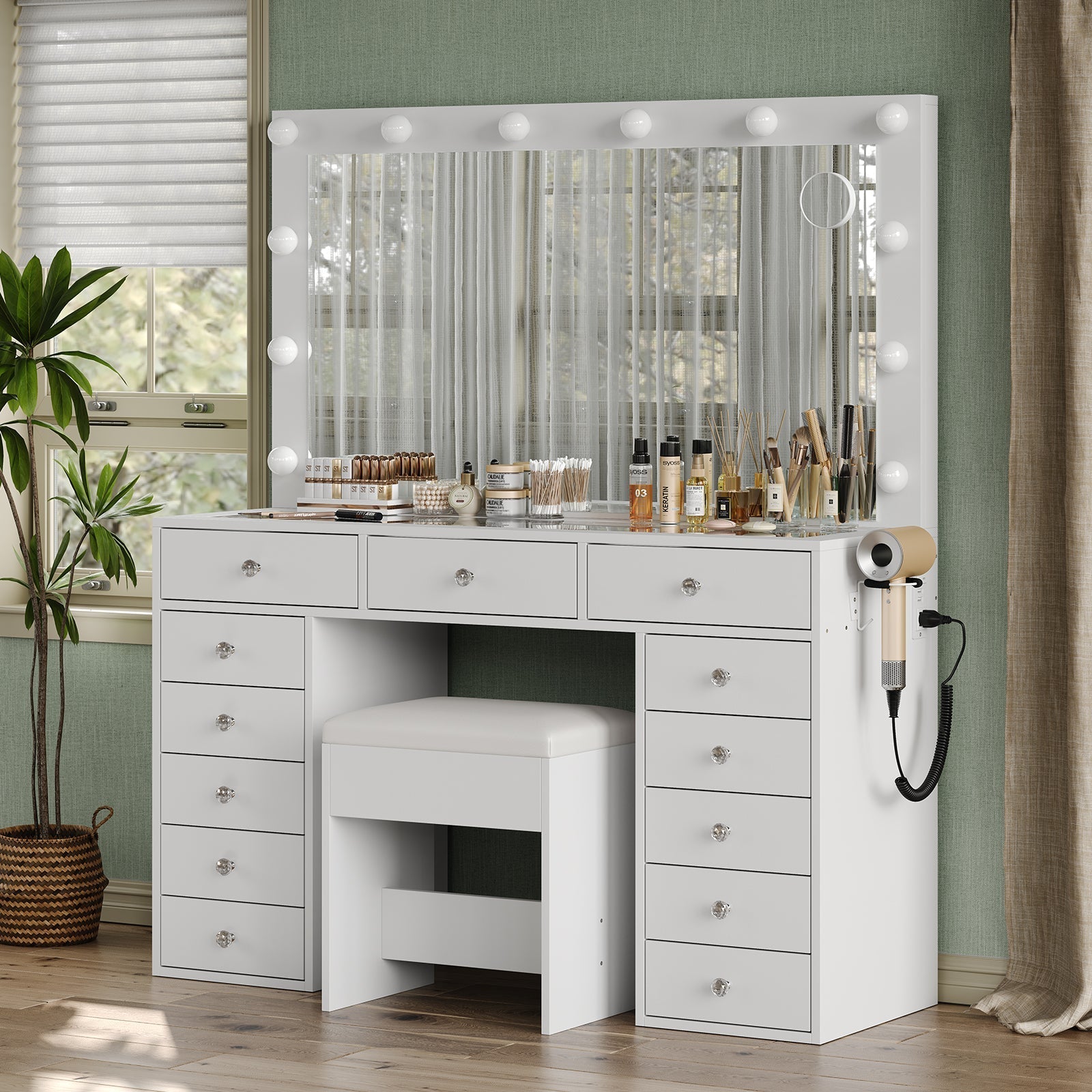13-Drawer LED Mirror Vanity Desk - Yanosaku