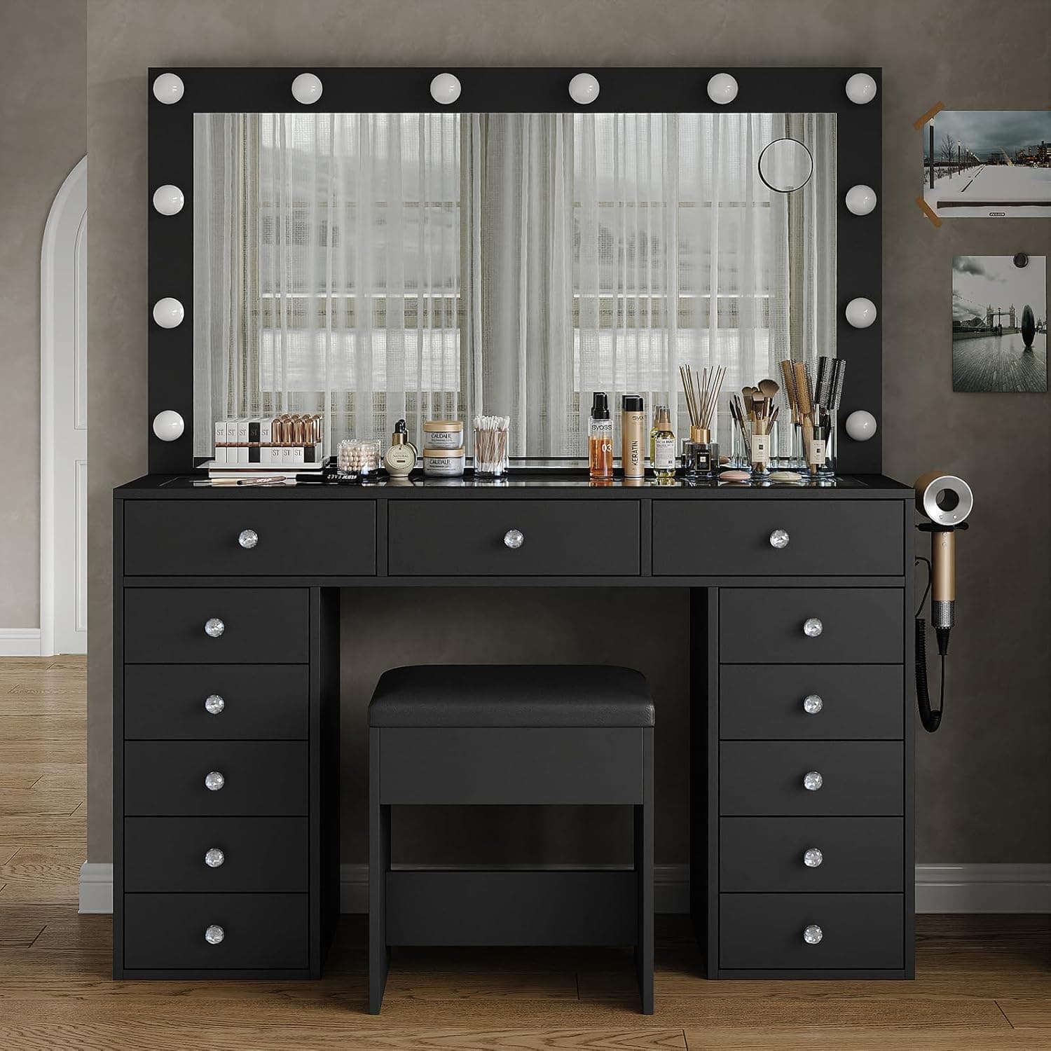 13-Drawer LED Mirror Vanity Desk - Yanosaku