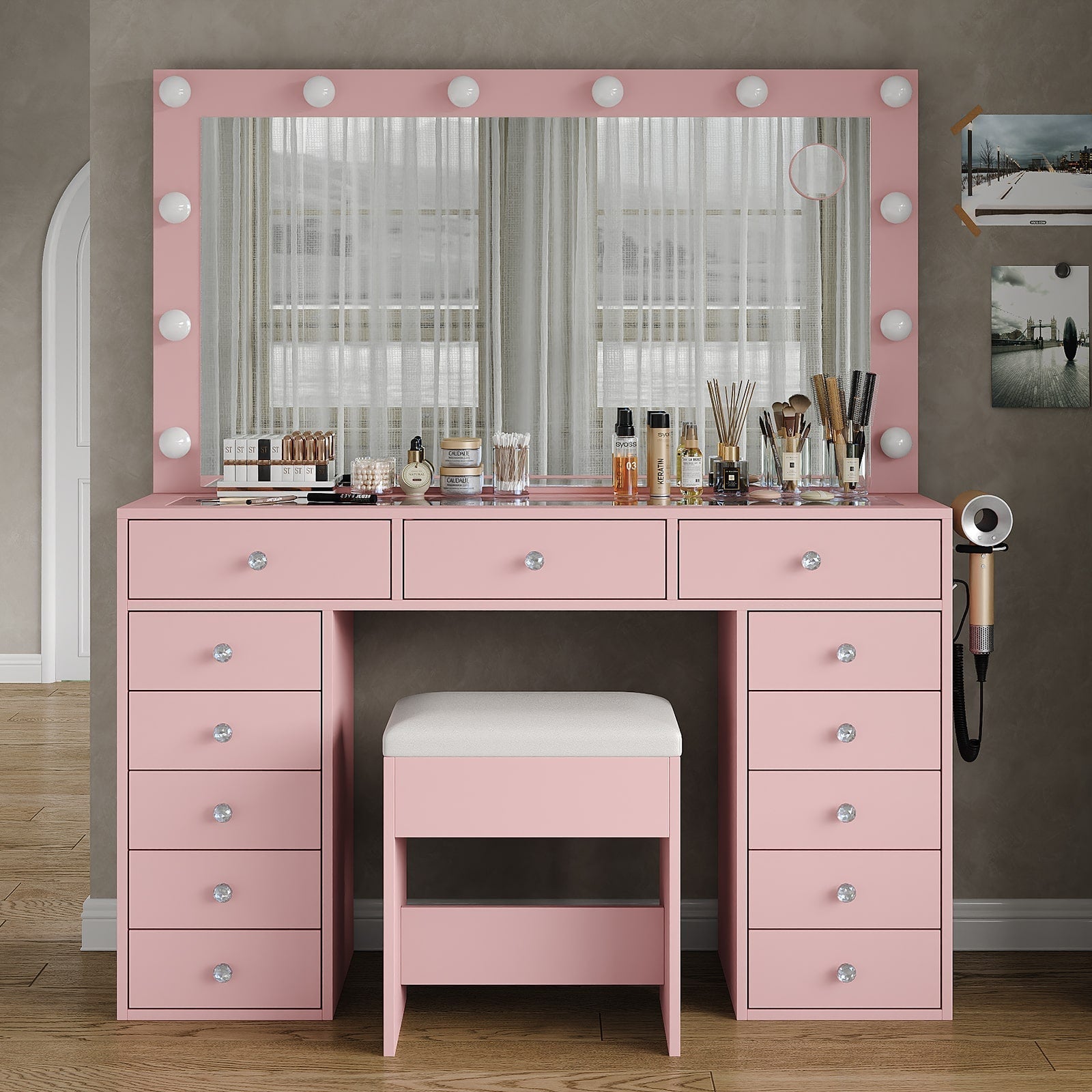 13-Drawer LED Mirror Vanity Desk - Yanosaku