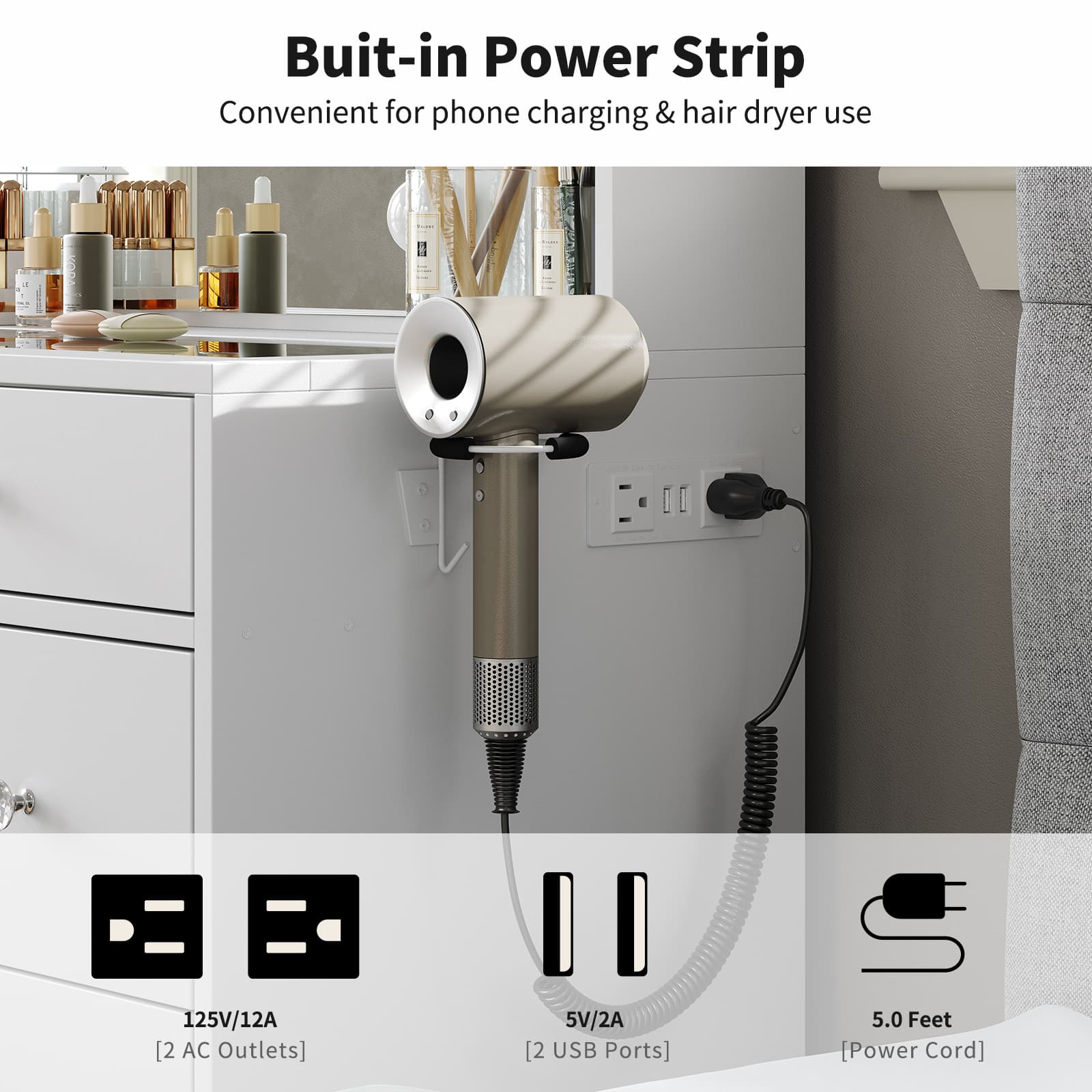 Yanosaku VD020 Vanity Desk with Power Outlet, Mirror, 10 LED Lights-4