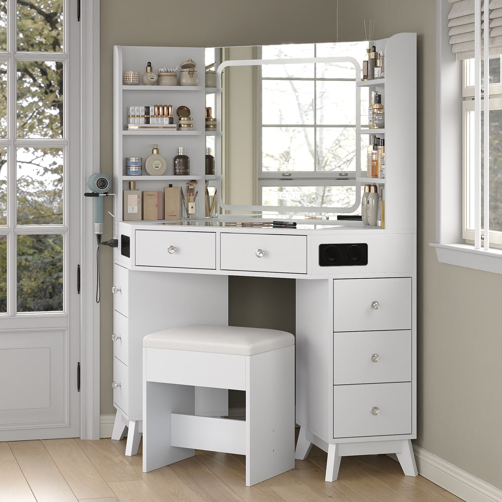 Yanosaku VD021 Corner Makeup Vanity, Mirror, Lights, Bluetooth, White-4