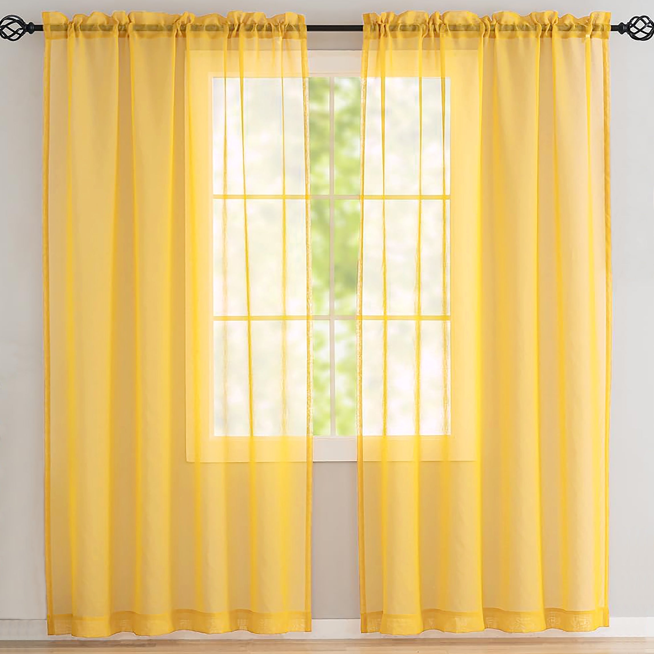84" Inches Long - Yellow Sheer Window Rod Pocket Curtain Set (2 Panels)