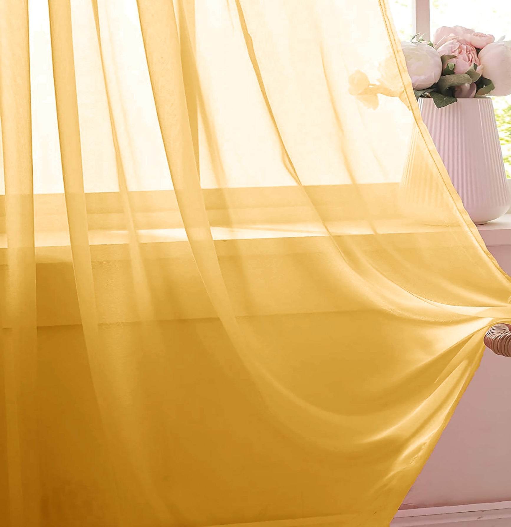 84" Inches Long - Yellow Sheer Window Rod Pocket Curtain Set (2 Panels)